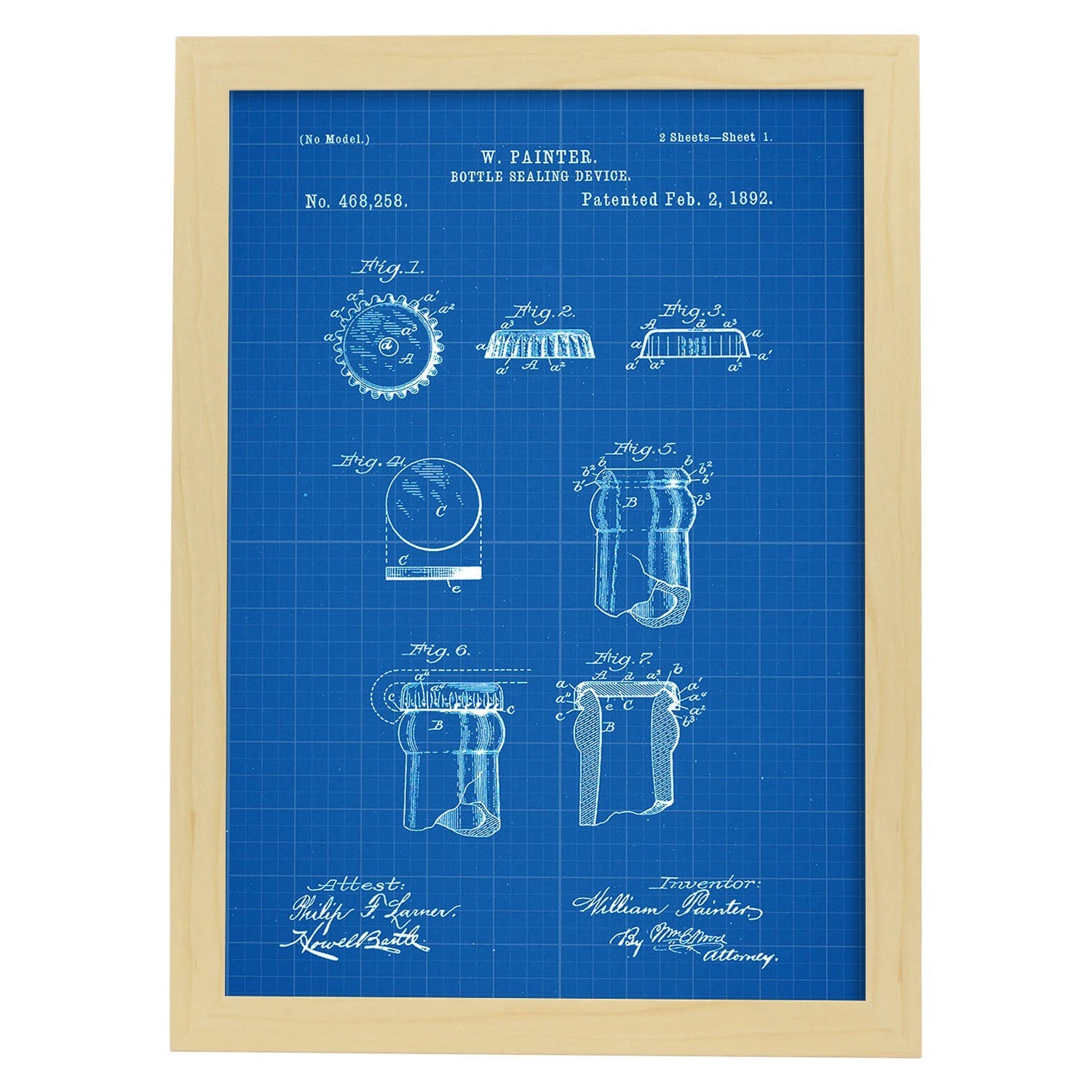 Poster con patente de Chapa de botella. Lámina con diseño de patente antigua-Artwork-Nacnic-A3-Marco Madera clara-Nacnic Estudio SL