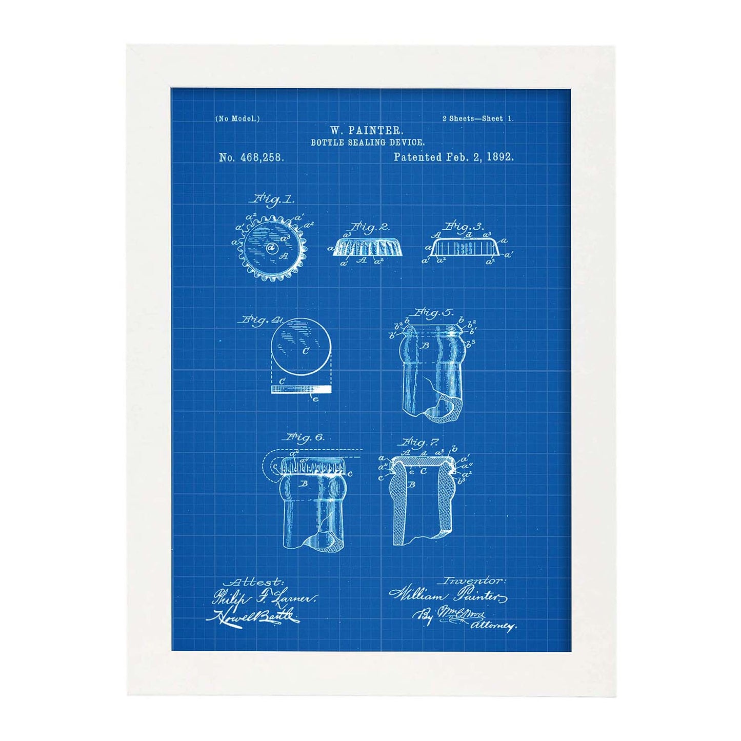 Poster con patente de Chapa de botella. Lámina con diseño de patente antigua-Artwork-Nacnic-A4-Marco Blanco-Nacnic Estudio SL