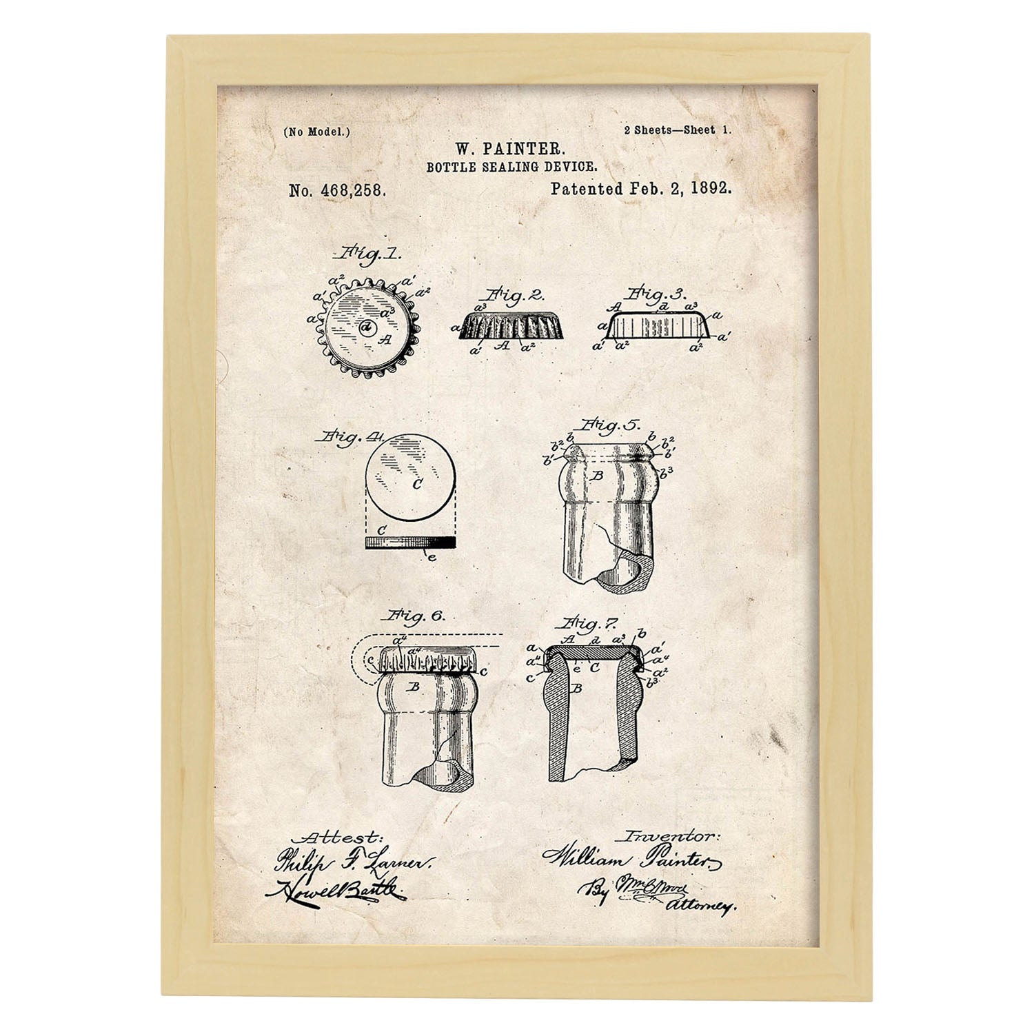 Poster con patente de Chapa de botella. Lámina con diseño de patente antigua.-Artwork-Nacnic-A3-Marco Madera clara-Nacnic Estudio SL