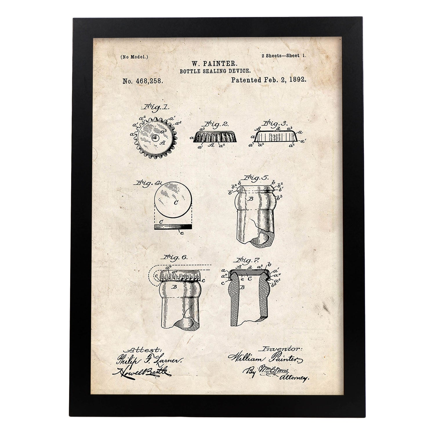 Poster con patente de Chapa de botella. Lámina con diseño de patente antigua.-Artwork-Nacnic-A3-Marco Negro-Nacnic Estudio SL