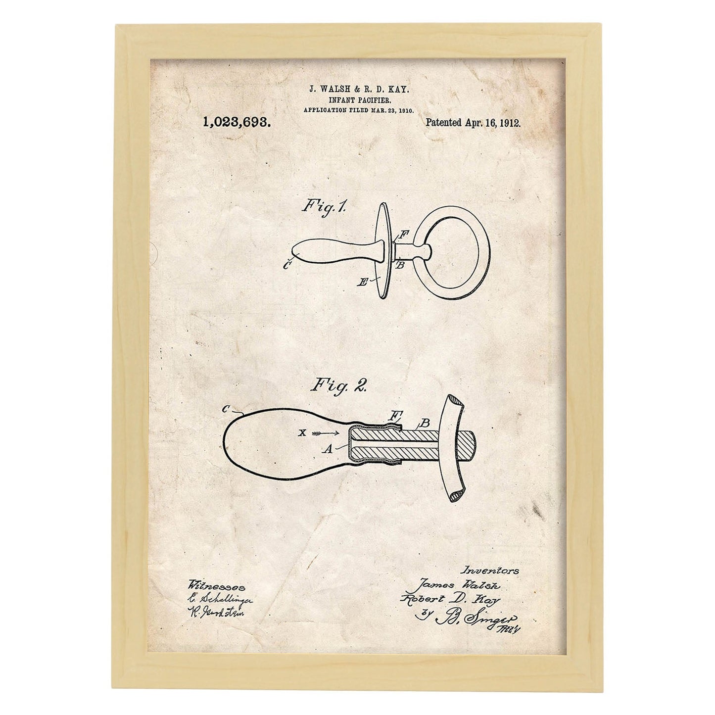 Poster con patente de Chupete 2. Lámina con diseño de patente antigua.-Artwork-Nacnic-A4-Marco Madera clara-Nacnic Estudio SL