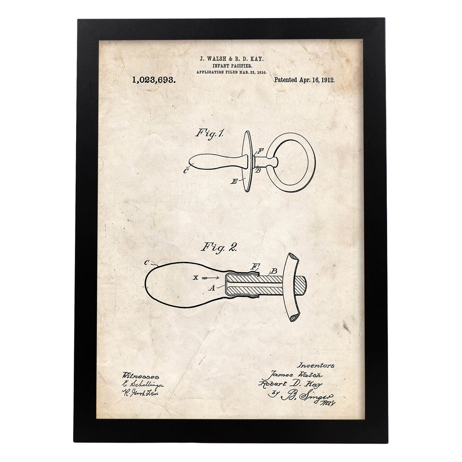 Poster con patente de Chupete 2. Lámina con diseño de patente antigua.-Artwork-Nacnic-A4-Marco Negro-Nacnic Estudio SL