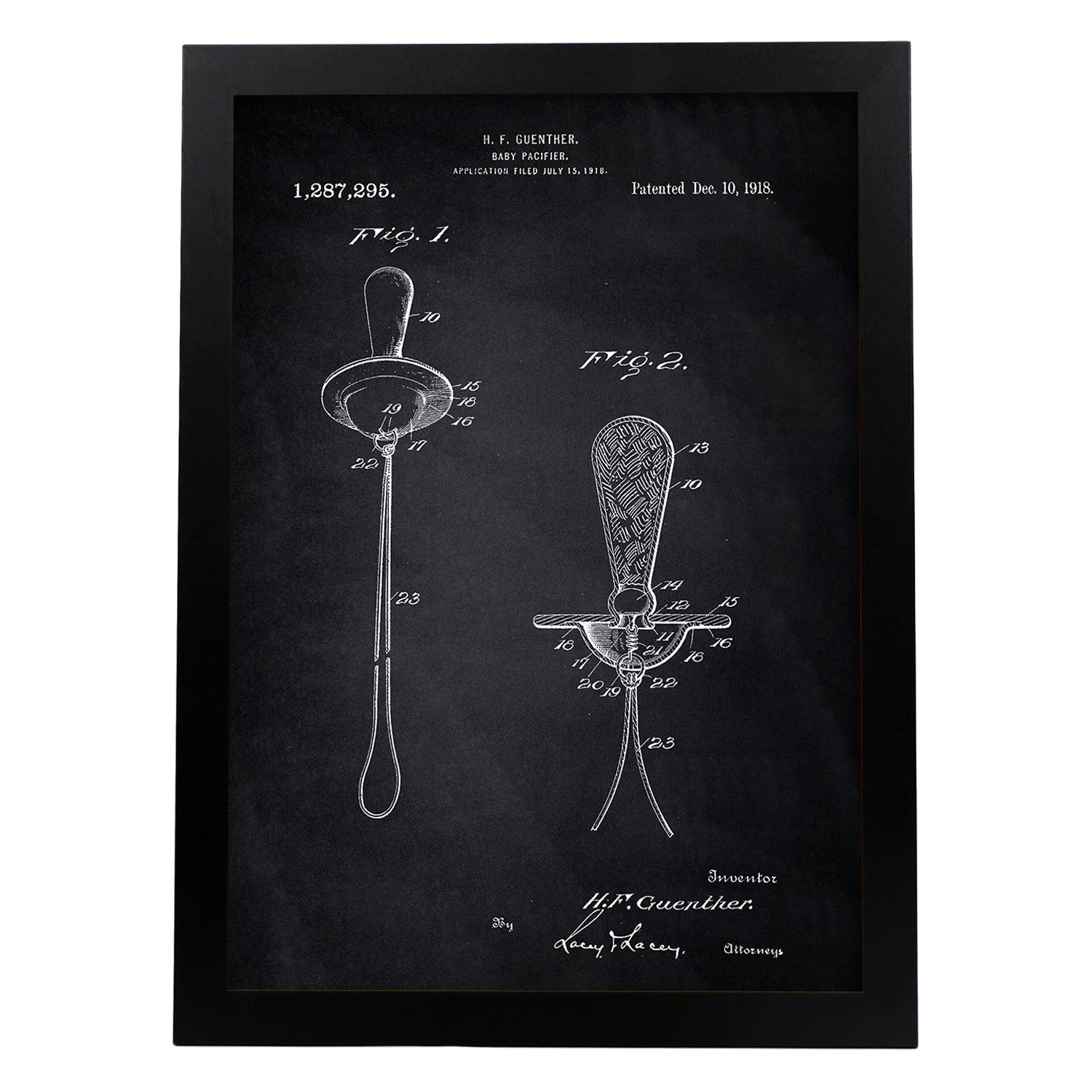Poster con patente de Chupete. Lámina con diseño de patente antigua-Artwork-Nacnic-A4-Marco Negro-Nacnic Estudio SL