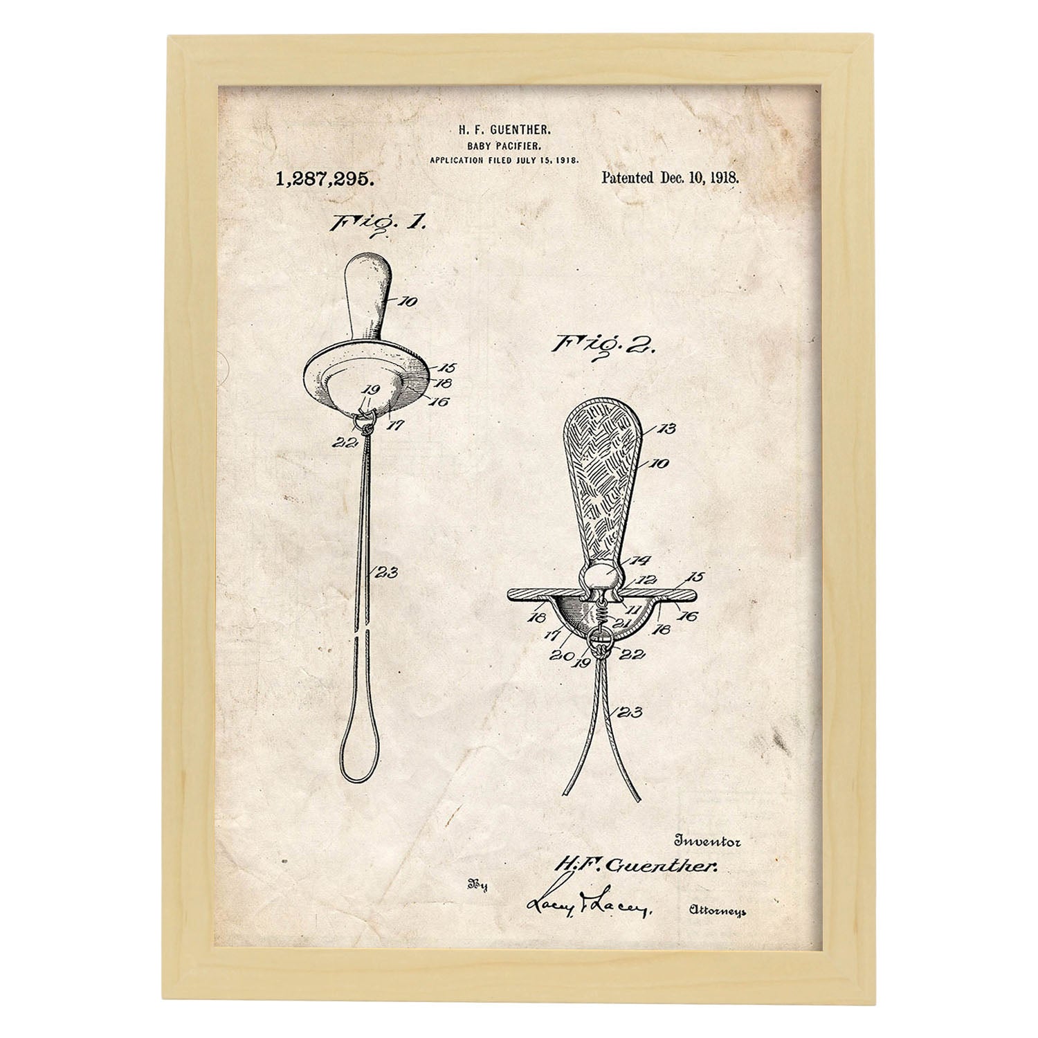 Poster con patente de Chupete. Lámina con diseño de patente antigua.-Artwork-Nacnic-A4-Marco Madera clara-Nacnic Estudio SL