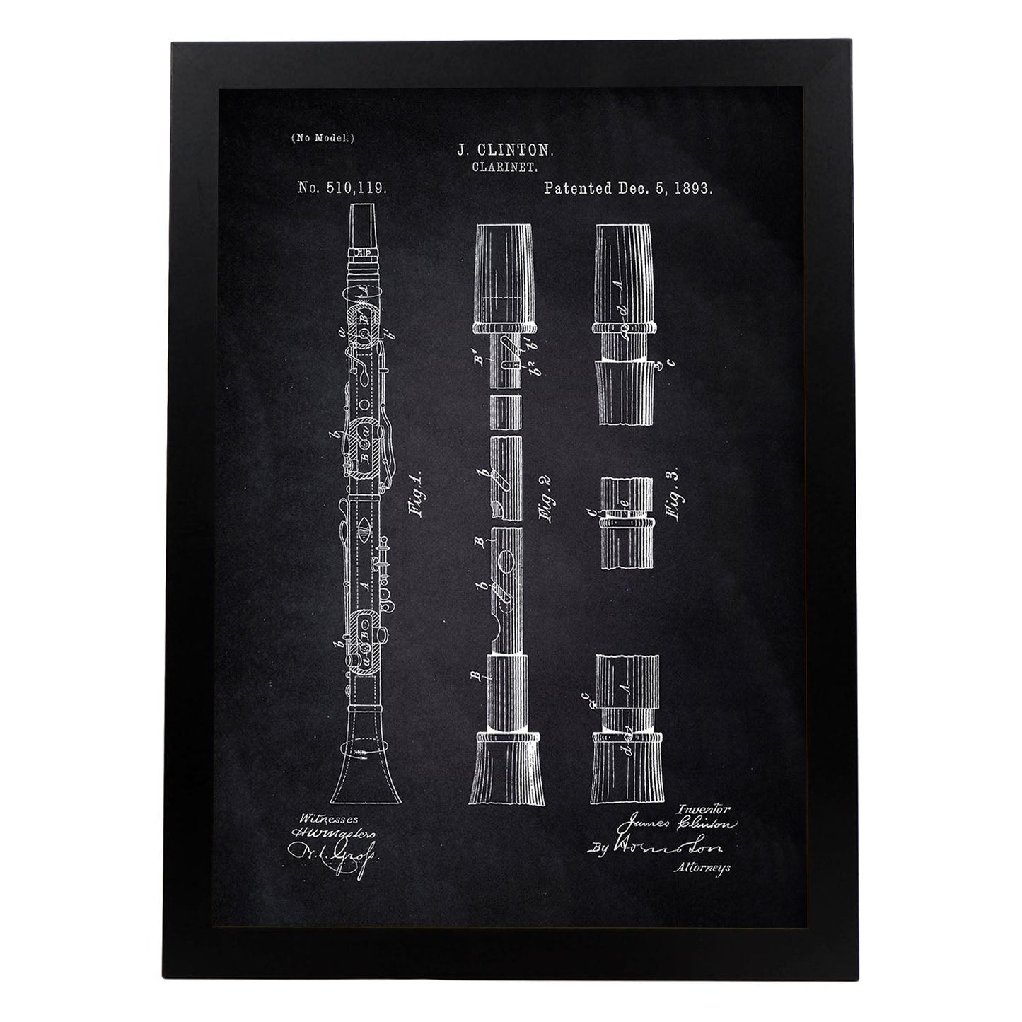 Poster con patente de Clarinete. Lámina con diseño de patente antigua-Artwork-Nacnic-A3-Marco Negro-Nacnic Estudio SL
