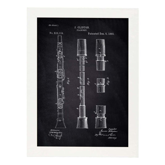 Poster con patente de Clarinete. Lámina con diseño de patente antigua-Artwork-Nacnic-A4-Marco Blanco-Nacnic Estudio SL