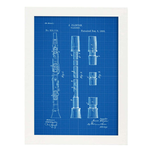 Poster con patente de Clarinete. Lámina con diseño de patente antigua-Artwork-Nacnic-A4-Marco Blanco-Nacnic Estudio SL