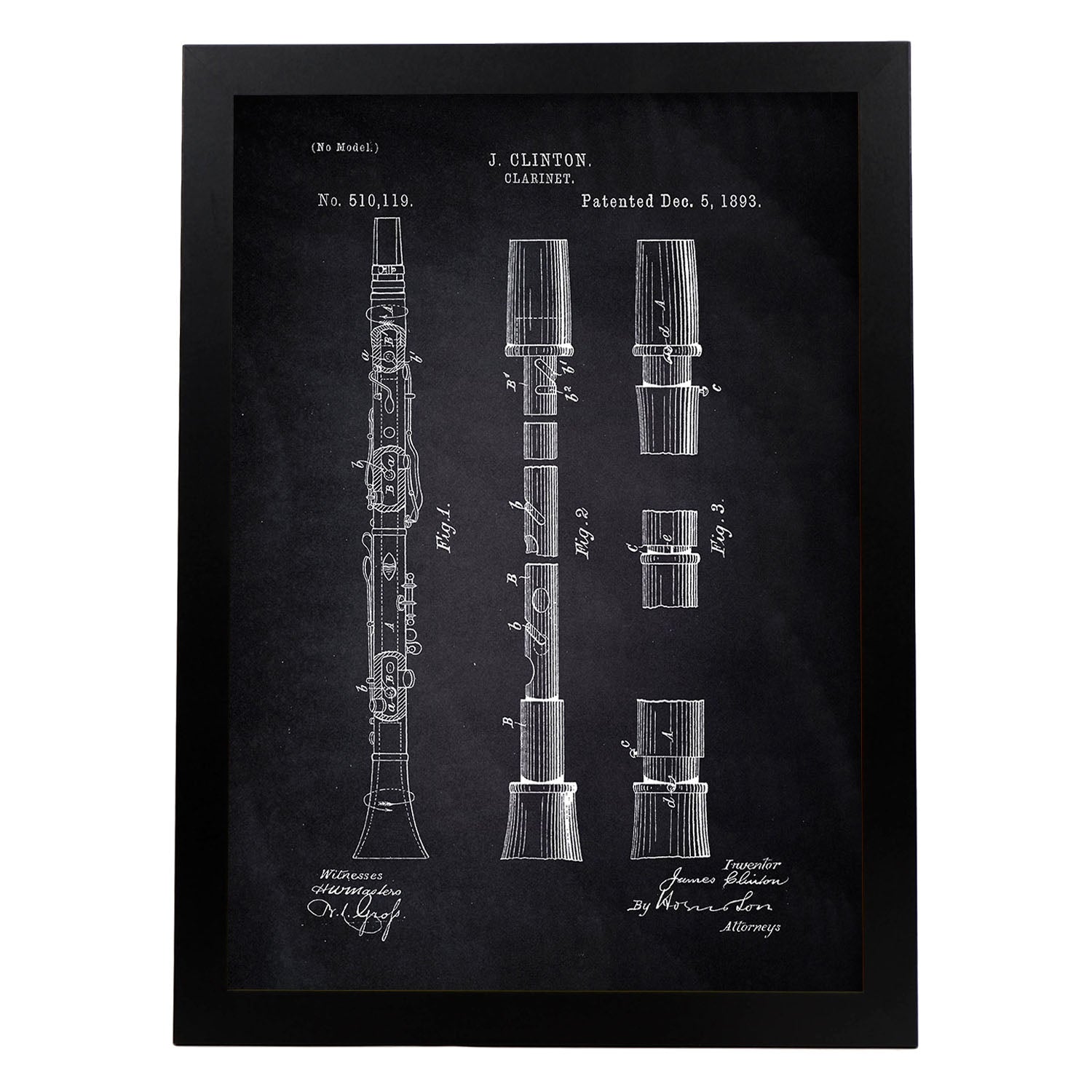 Poster con patente de Clarinete. Lámina con diseño de patente antigua-Artwork-Nacnic-A4-Marco Negro-Nacnic Estudio SL
