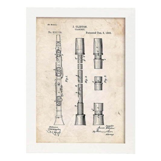 Poster con patente de Clarinete. Lámina con diseño de patente antigua.-Artwork-Nacnic-A4-Marco Blanco-Nacnic Estudio SL