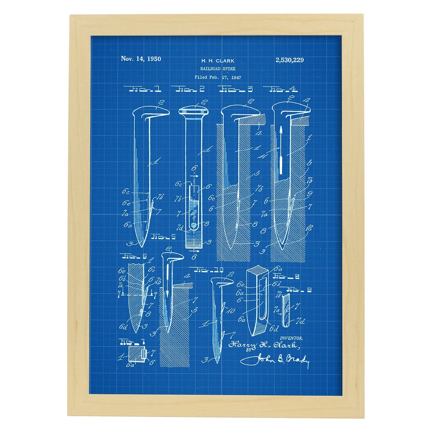 Poster con patente de Clavos de ferrocarril. Lámina con diseño de patente antigua-Artwork-Nacnic-A3-Marco Madera clara-Nacnic Estudio SL