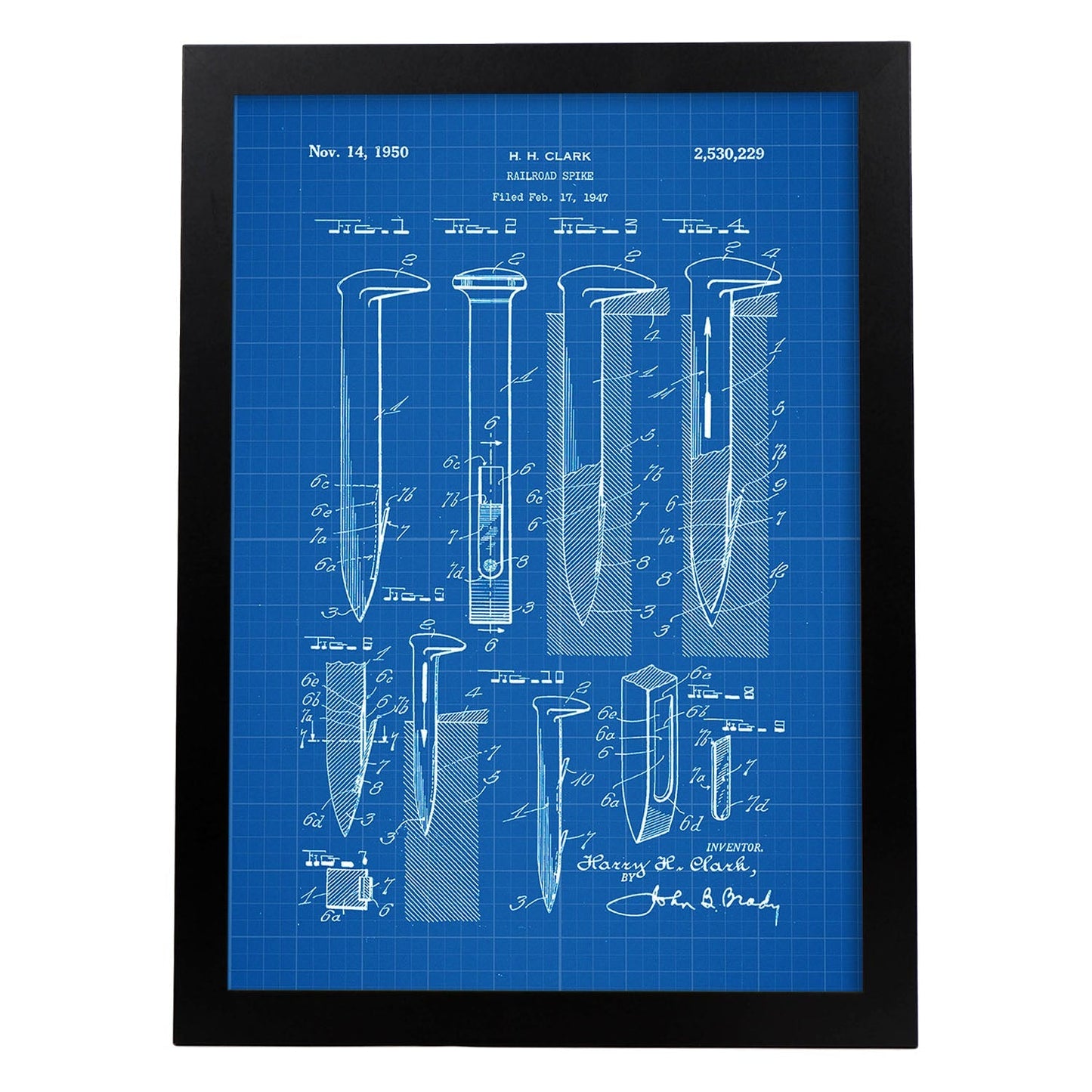 Poster con patente de Clavos de ferrocarril. Lámina con diseño de patente antigua-Artwork-Nacnic-A3-Marco Negro-Nacnic Estudio SL