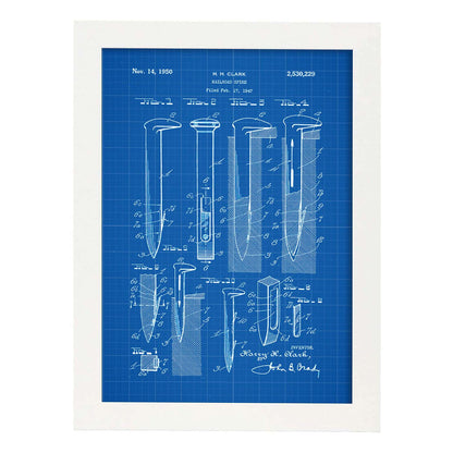 Poster con patente de Clavos de ferrocarril. Lámina con diseño de patente antigua-Artwork-Nacnic-A4-Marco Blanco-Nacnic Estudio SL