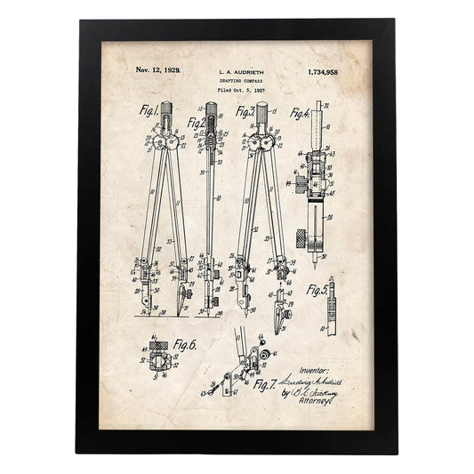 Poster con patente de Compas. Lámina con diseño de patente antigua.-Artwork-Nacnic-A4-Marco Negro-Nacnic Estudio SL