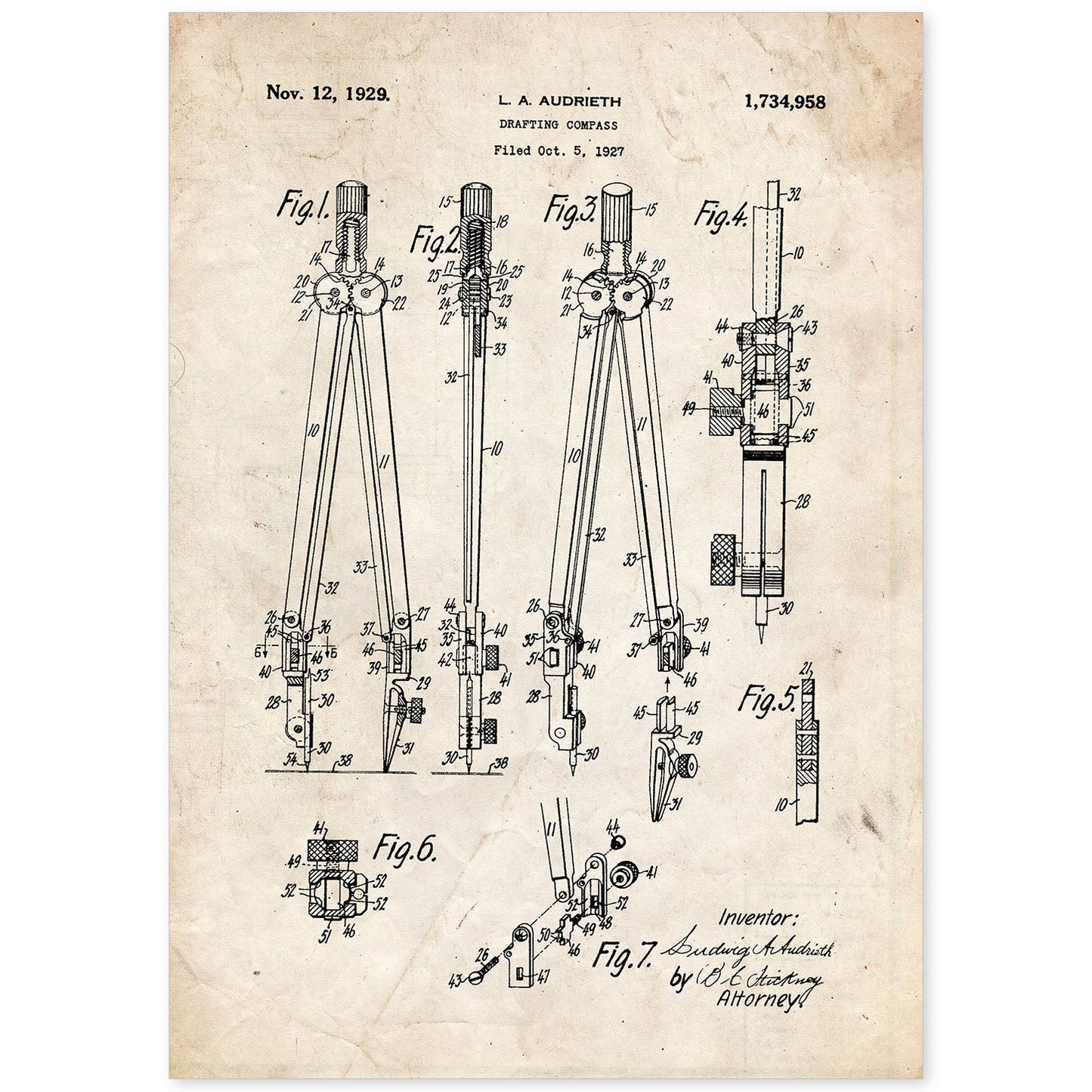 Poster con patente de Compas. Lámina con diseño de patente antigua.-Artwork-Nacnic-A4-Sin marco-Nacnic Estudio SL