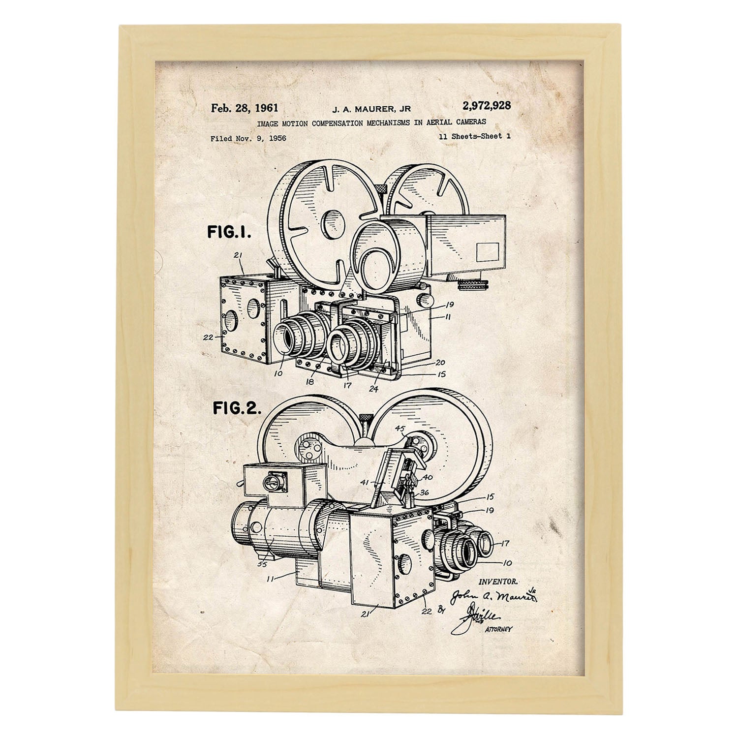 Poster con patente de Compensador de movimiento de la imagen. Lámina con diseño de patente antigua.-Artwork-Nacnic-A3-Marco Madera clara-Nacnic Estudio SL