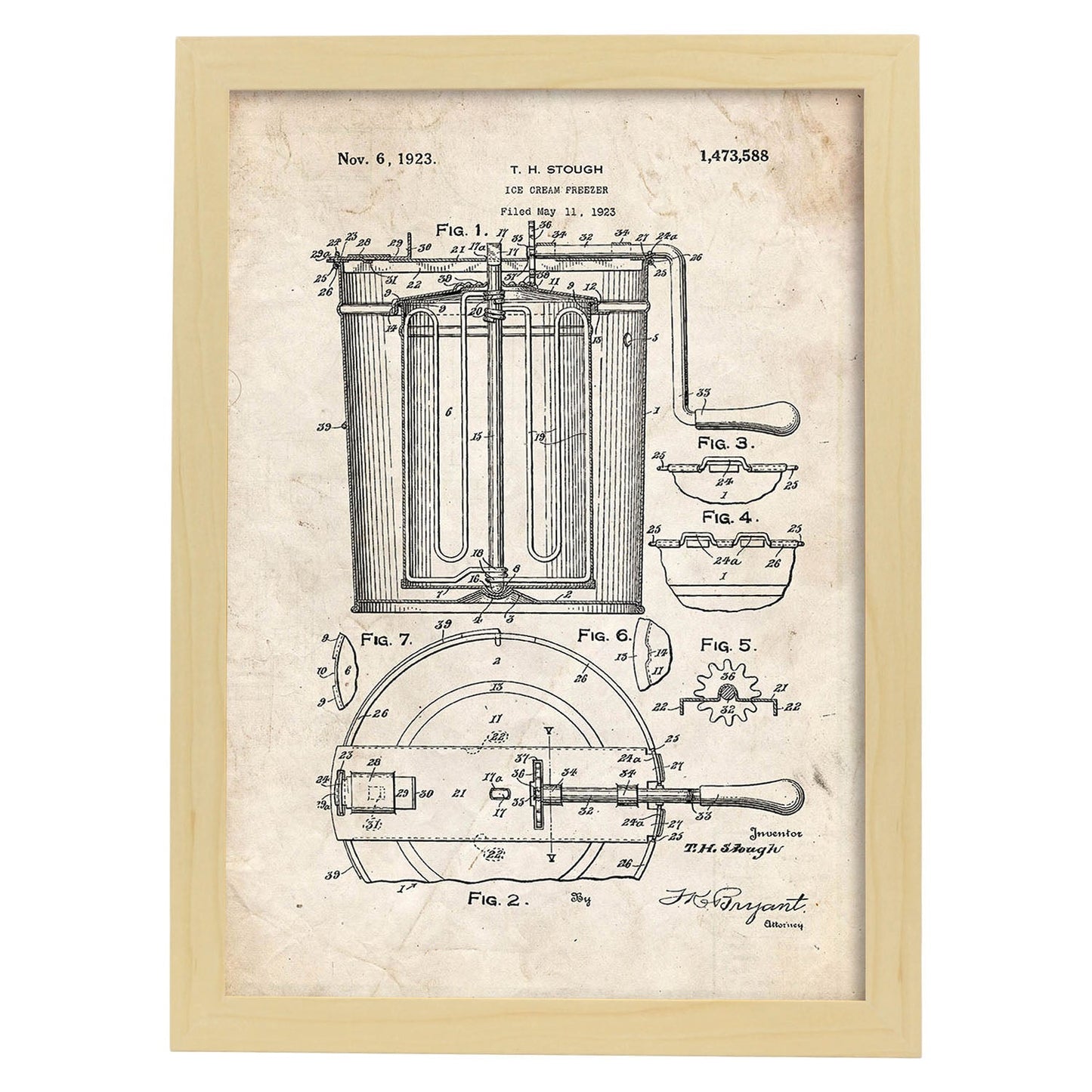 Poster con patente de Congelador de helados. Lámina con diseño de patente antigua.-Artwork-Nacnic-A3-Marco Madera clara-Nacnic Estudio SL