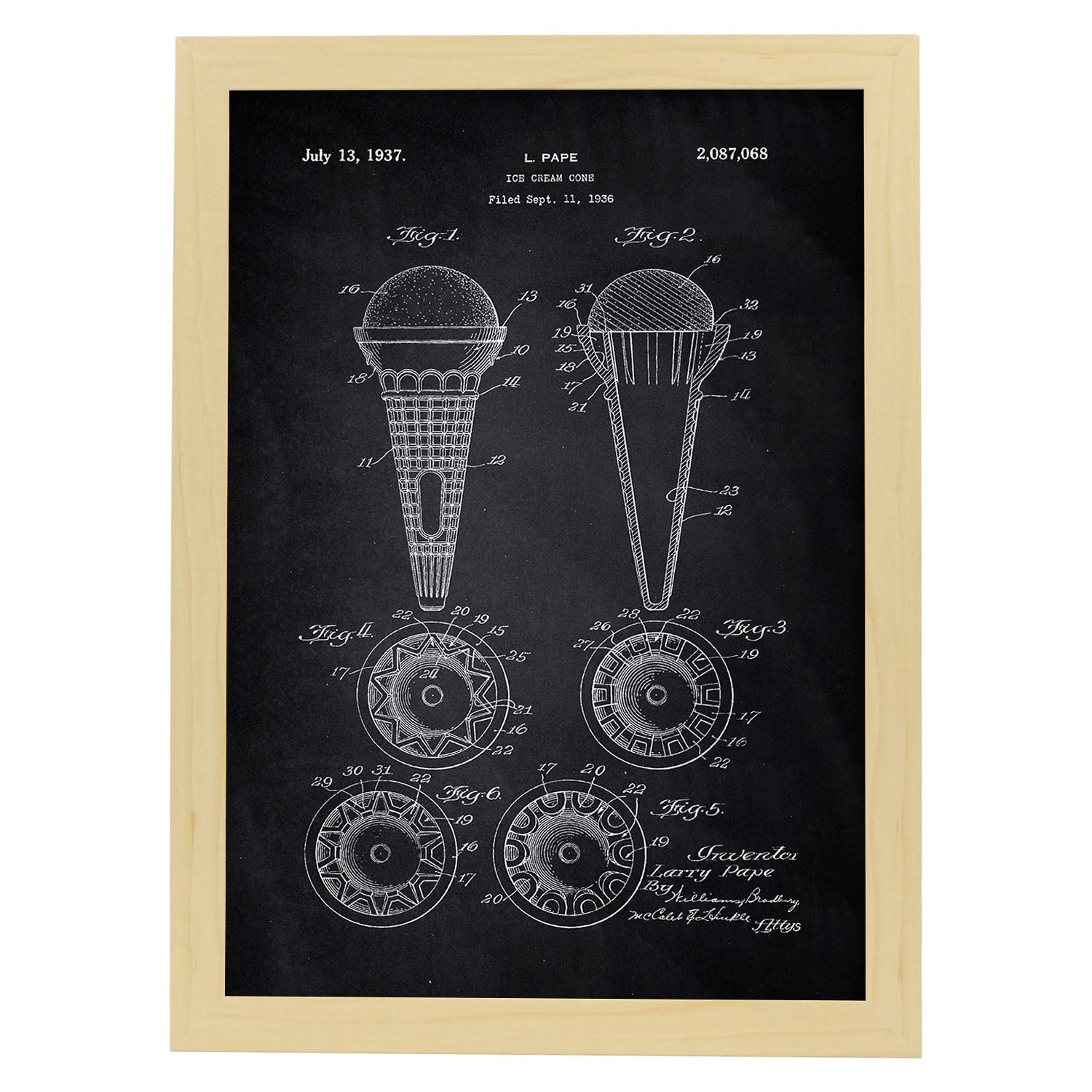 Poster con patente de Cono de helado. Lámina con diseño de patente antigua-Artwork-Nacnic-A3-Marco Madera clara-Nacnic Estudio SL