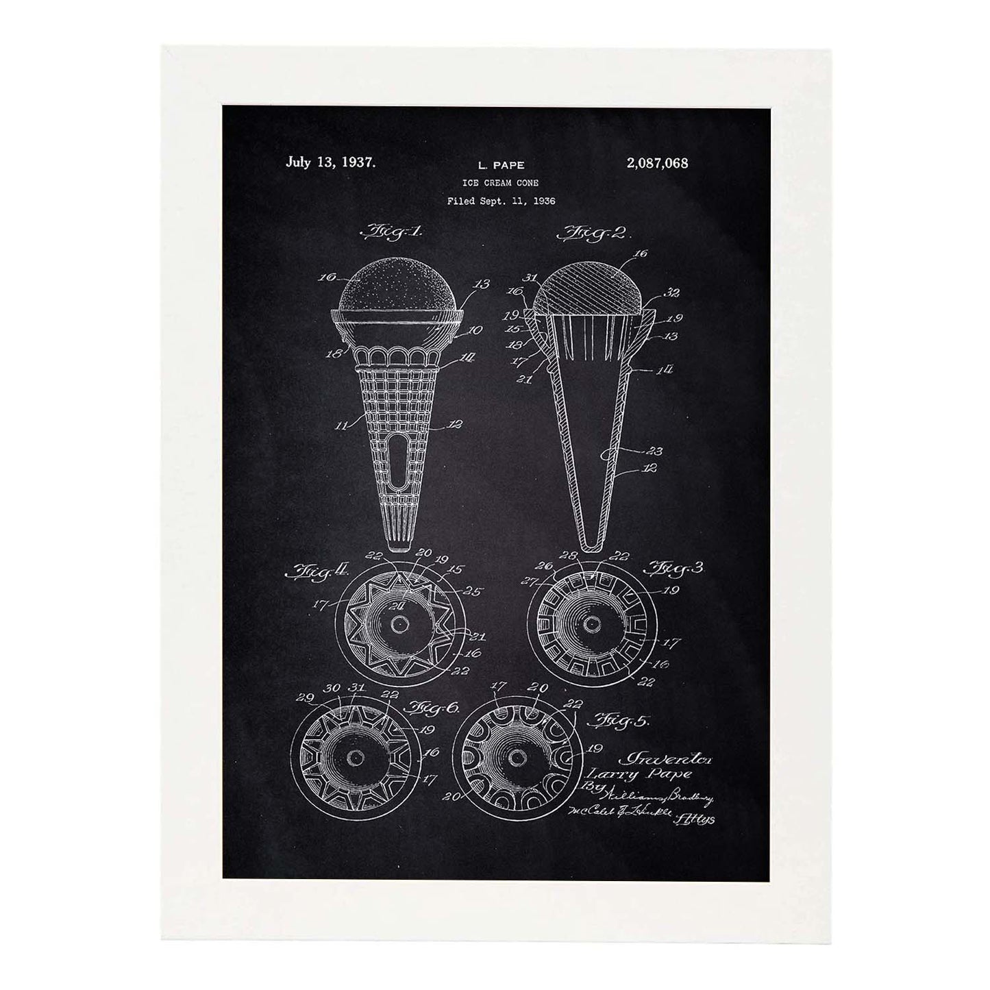 Poster con patente de Cono de helado. Lámina con diseño de patente antigua-Artwork-Nacnic-A4-Marco Blanco-Nacnic Estudio SL