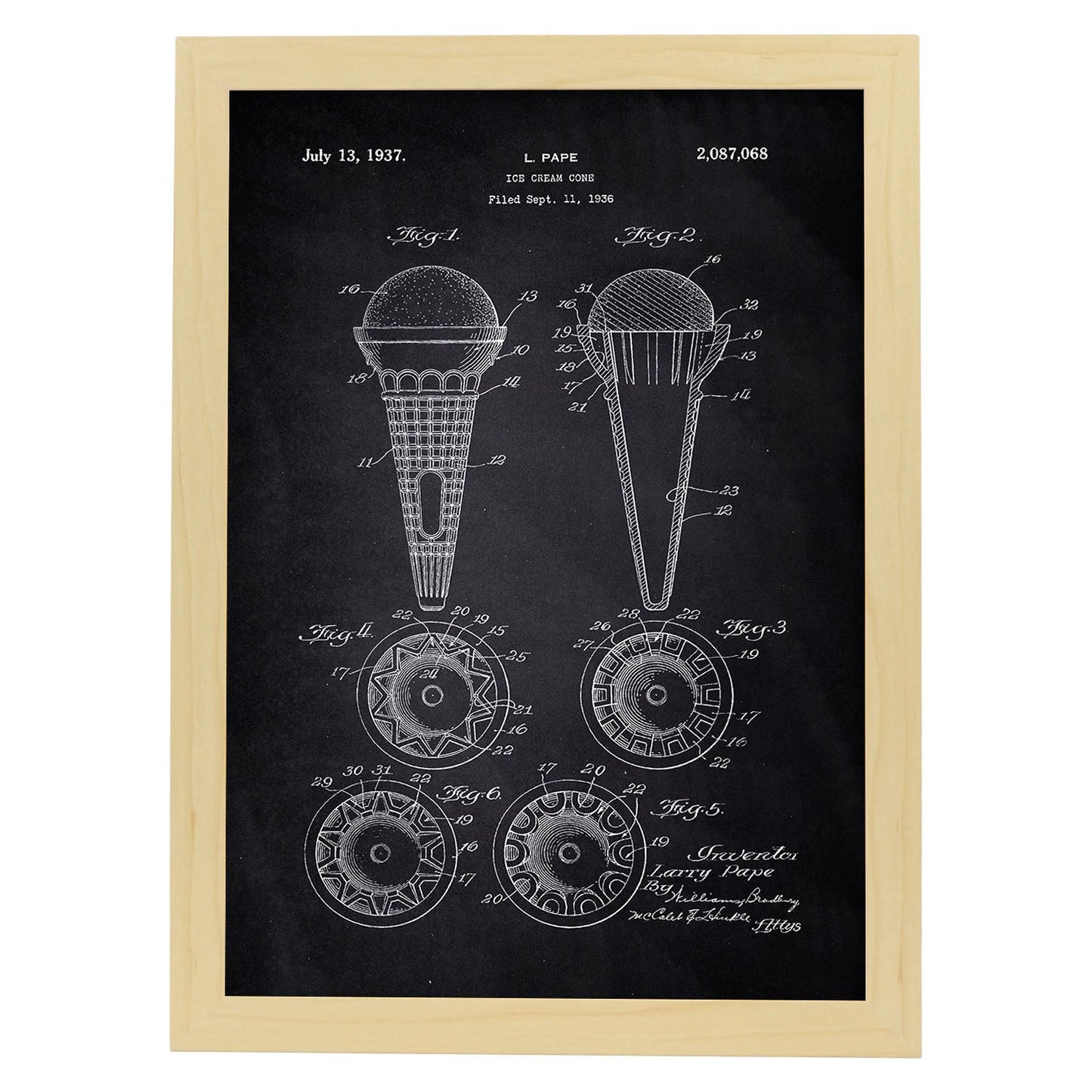 Poster con patente de Cono de helado. Lámina con diseño de patente antigua-Artwork-Nacnic-A4-Marco Madera clara-Nacnic Estudio SL