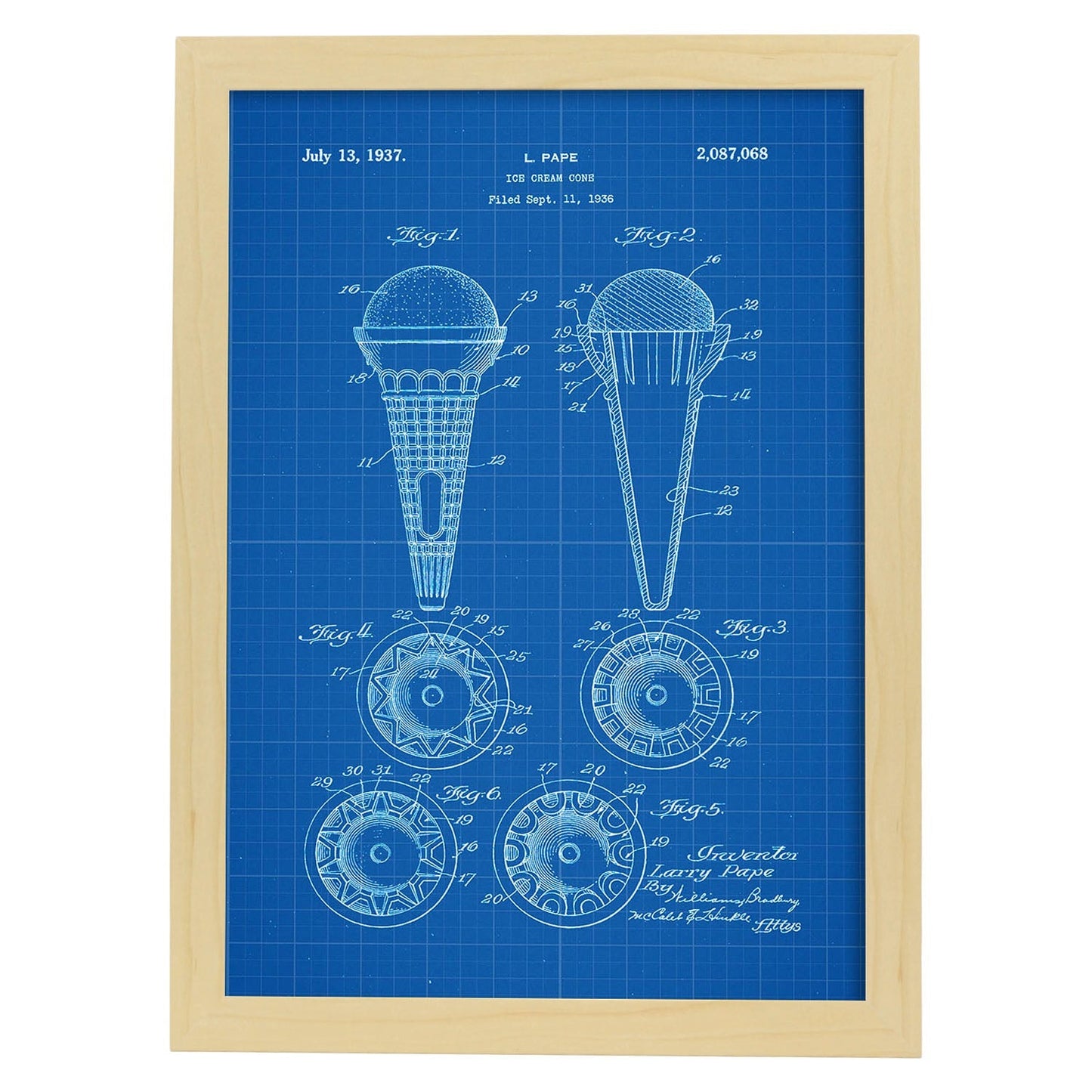 Poster con patente de Cono de helado. Lámina con diseño de patente antigua-Artwork-Nacnic-A4-Marco Madera clara-Nacnic Estudio SL