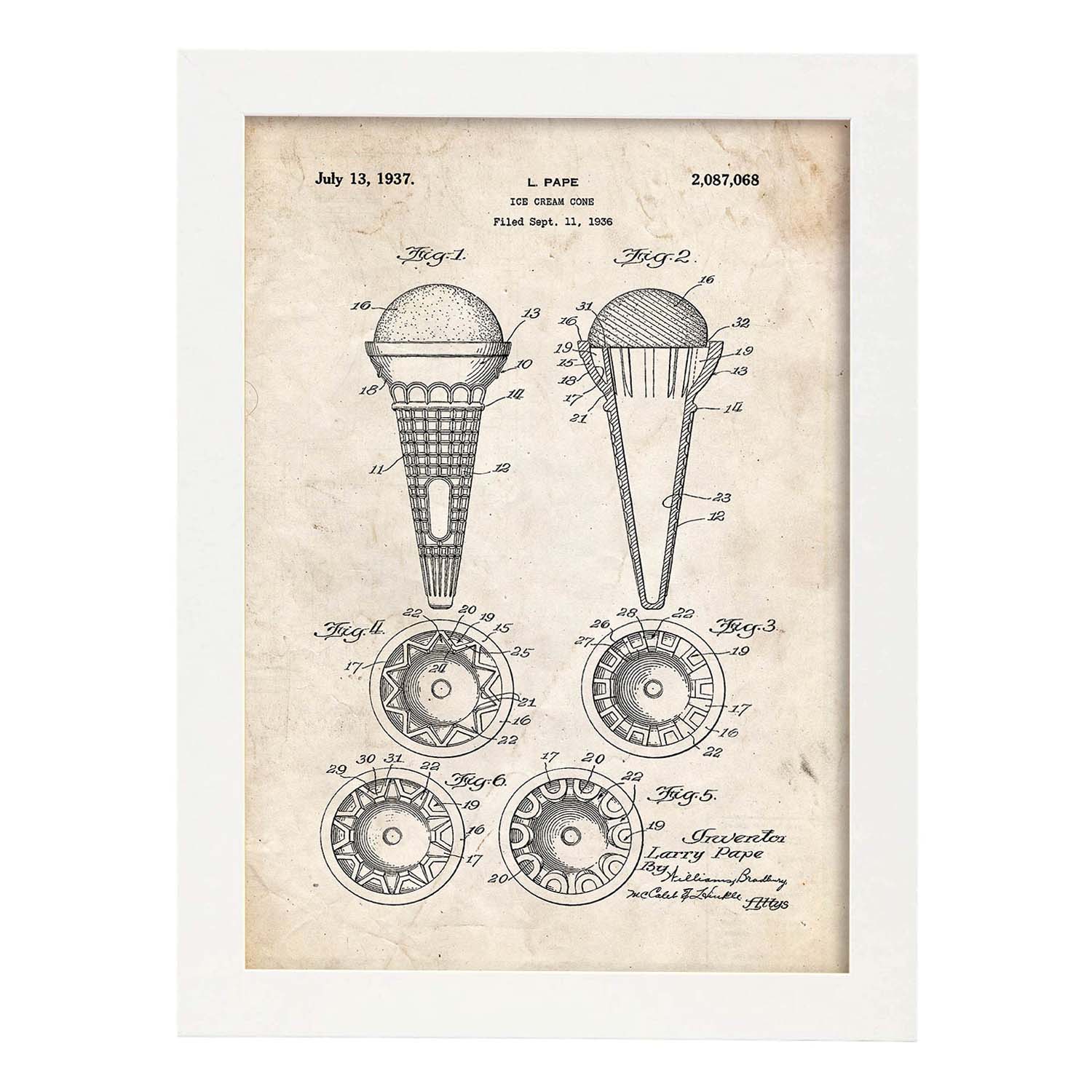 Poster con patente de Cono de helado. Lámina con diseño de patente antigua.-Artwork-Nacnic-A3-Marco Blanco-Nacnic Estudio SL