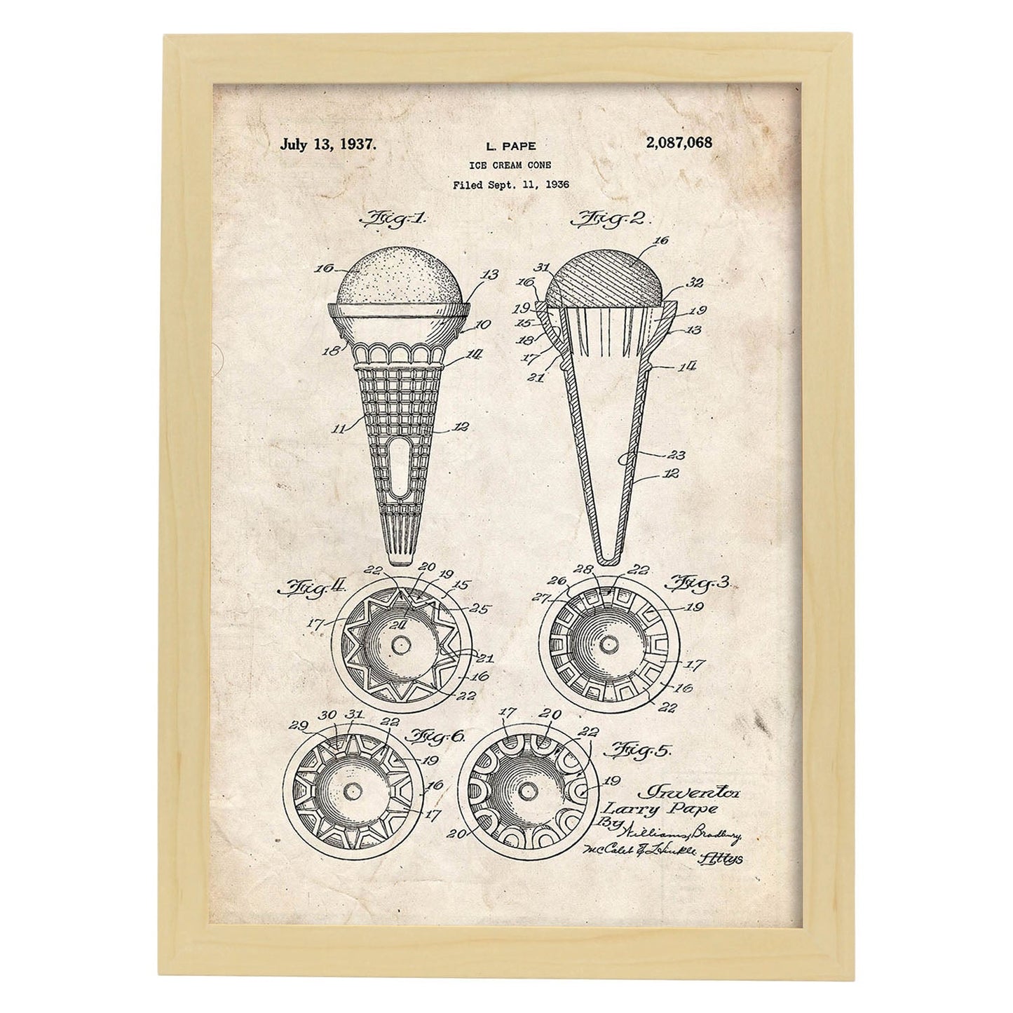 Poster con patente de Cono de helado. Lámina con diseño de patente antigua.-Artwork-Nacnic-A3-Marco Madera clara-Nacnic Estudio SL