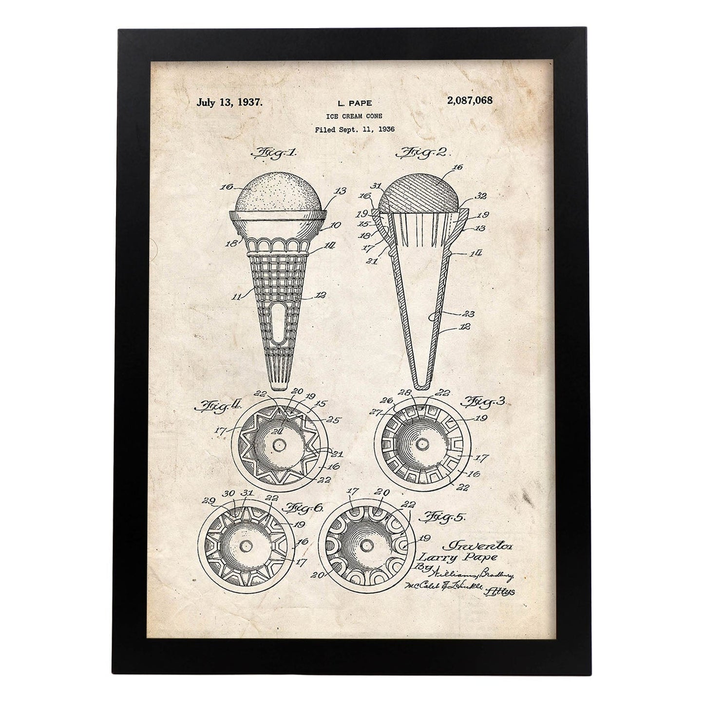 Poster con patente de Cono de helado. Lámina con diseño de patente antigua.-Artwork-Nacnic-A3-Marco Negro-Nacnic Estudio SL