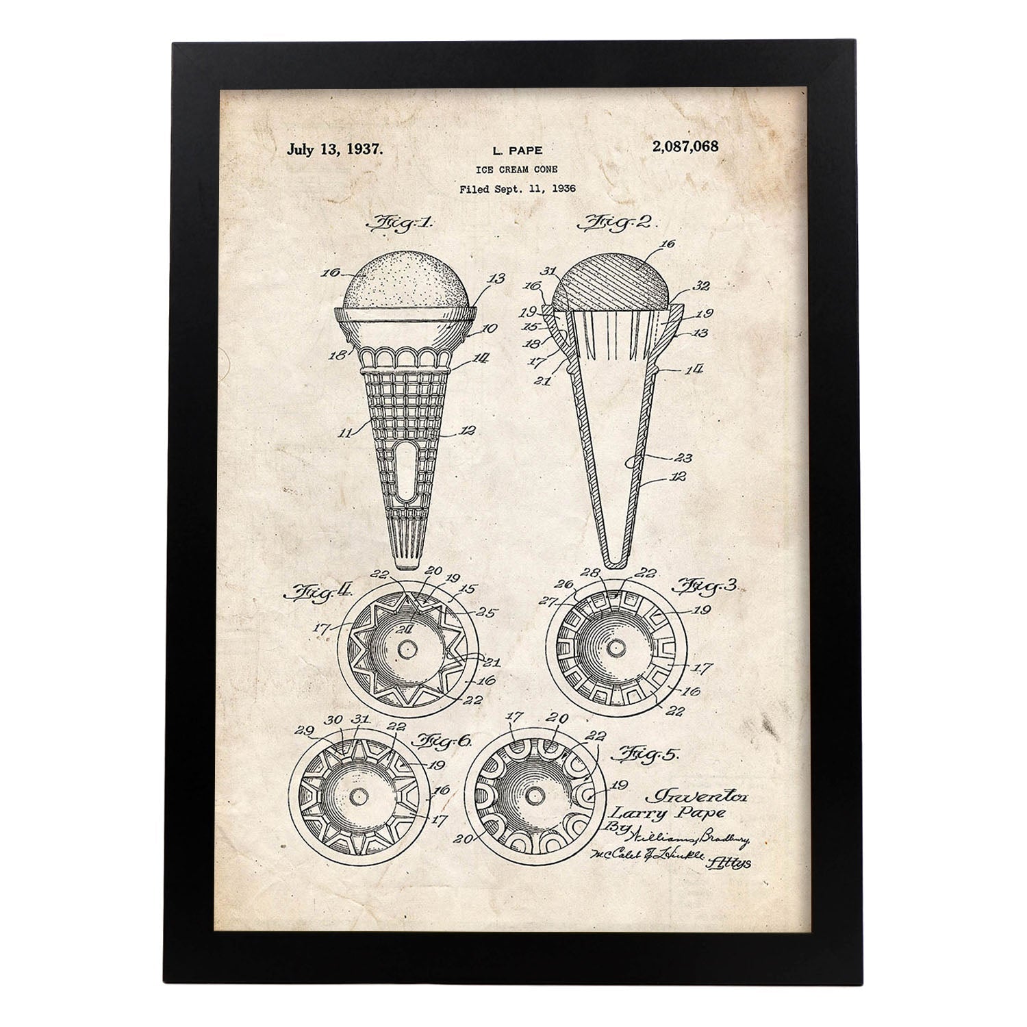 Poster con patente de Cono de helado. Lámina con diseño de patente antigua.-Artwork-Nacnic-A3-Marco Negro-Nacnic Estudio SL