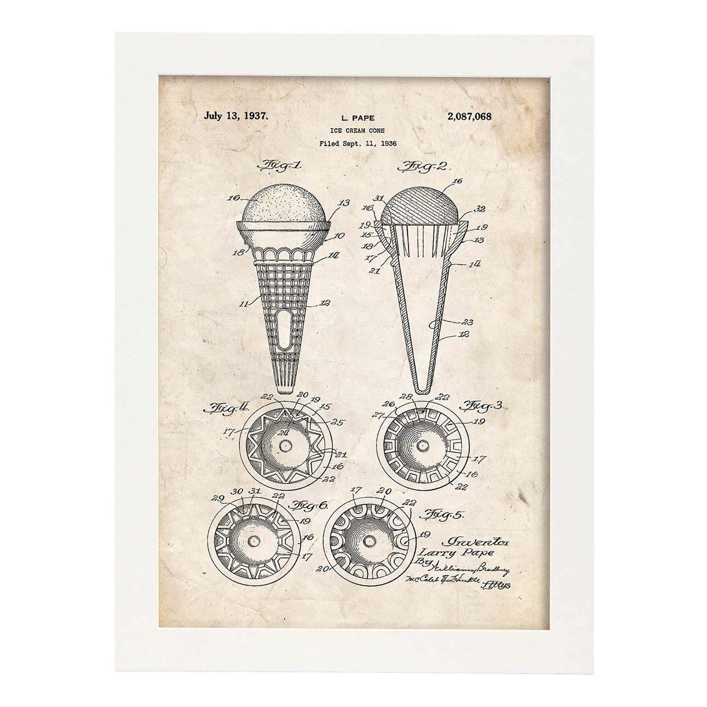 Poster con patente de Cono de helado. Lámina con diseño de patente antigua.-Artwork-Nacnic-A4-Marco Blanco-Nacnic Estudio SL