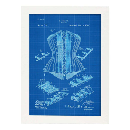 Poster con patente de Corset. Lámina con diseño de patente antigua-Artwork-Nacnic-A3-Marco Blanco-Nacnic Estudio SL