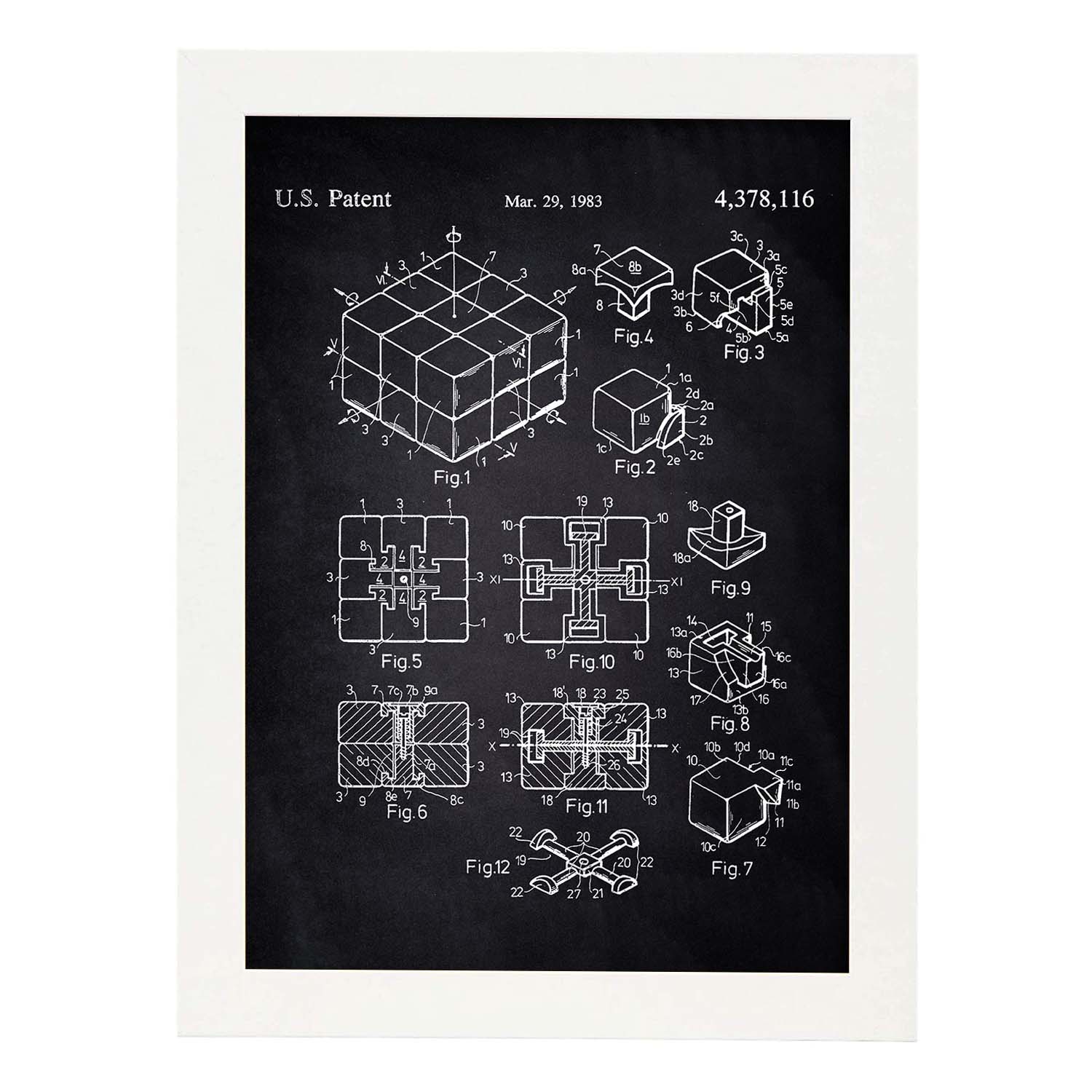 Poster con patente de Cubo de rubik. Lámina con diseño de patente antigua-Artwork-Nacnic-A3-Marco Blanco-Nacnic Estudio SL