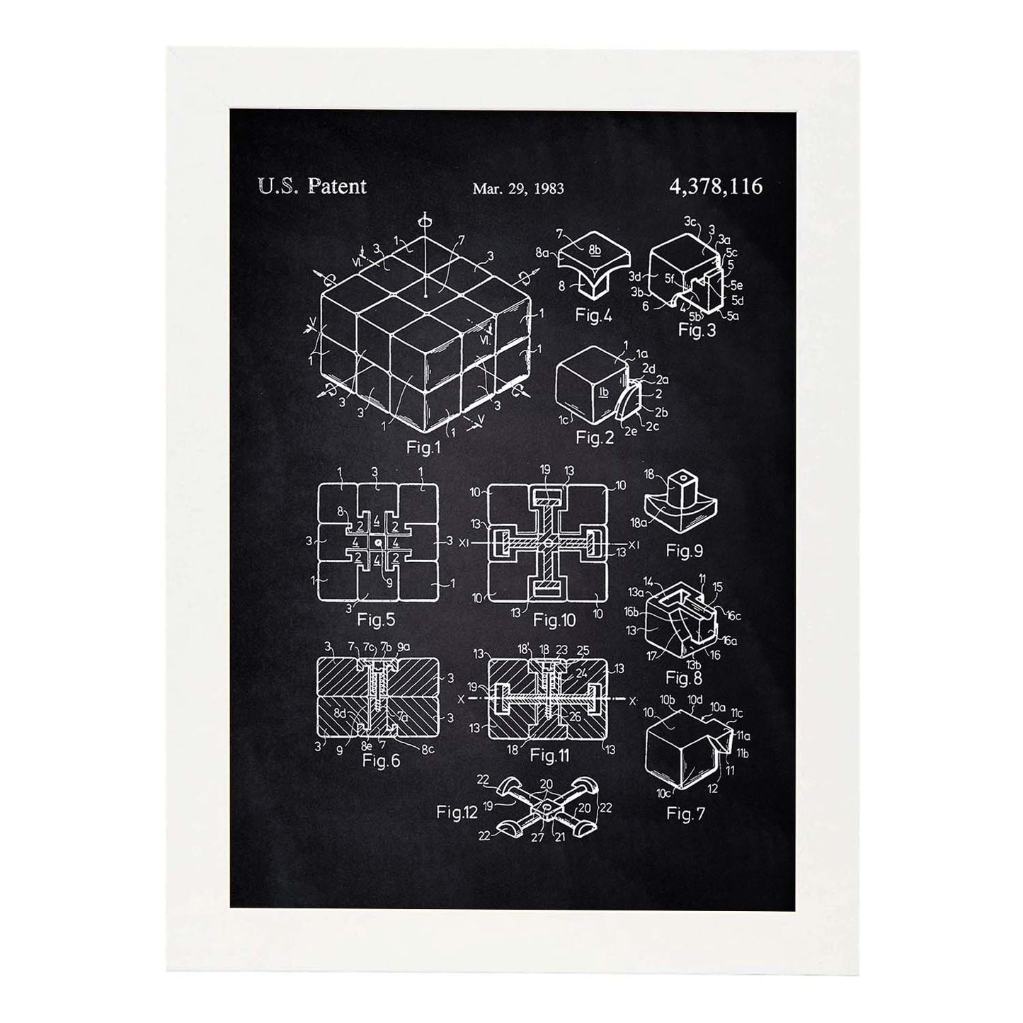 Poster con patente de Cubo de rubik. Lámina con diseño de patente antigua-Artwork-Nacnic-A4-Marco Blanco-Nacnic Estudio SL