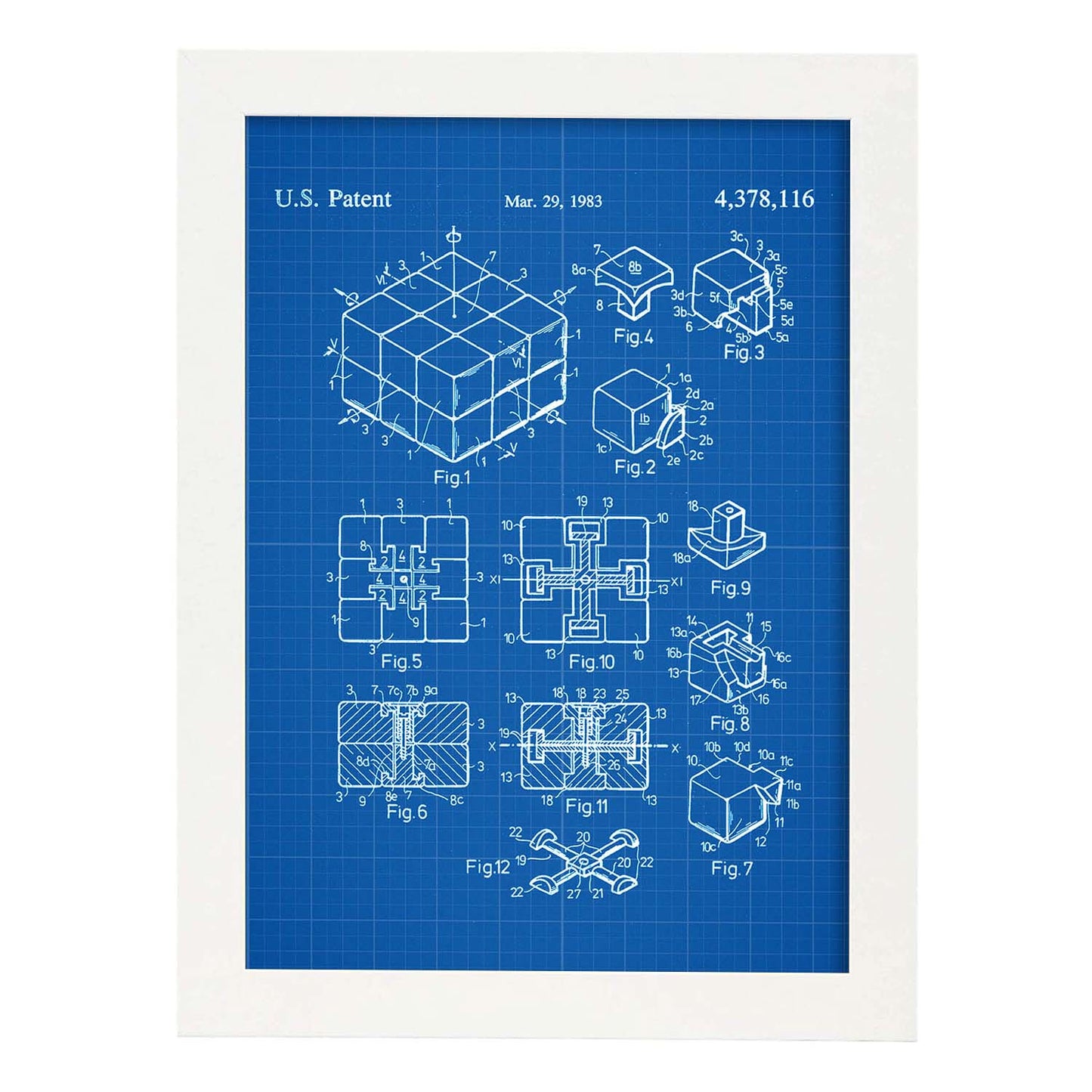 Poster con patente de Cubo de rubik. Lámina con diseño de patente antigua-Artwork-Nacnic-A4-Marco Blanco-Nacnic Estudio SL