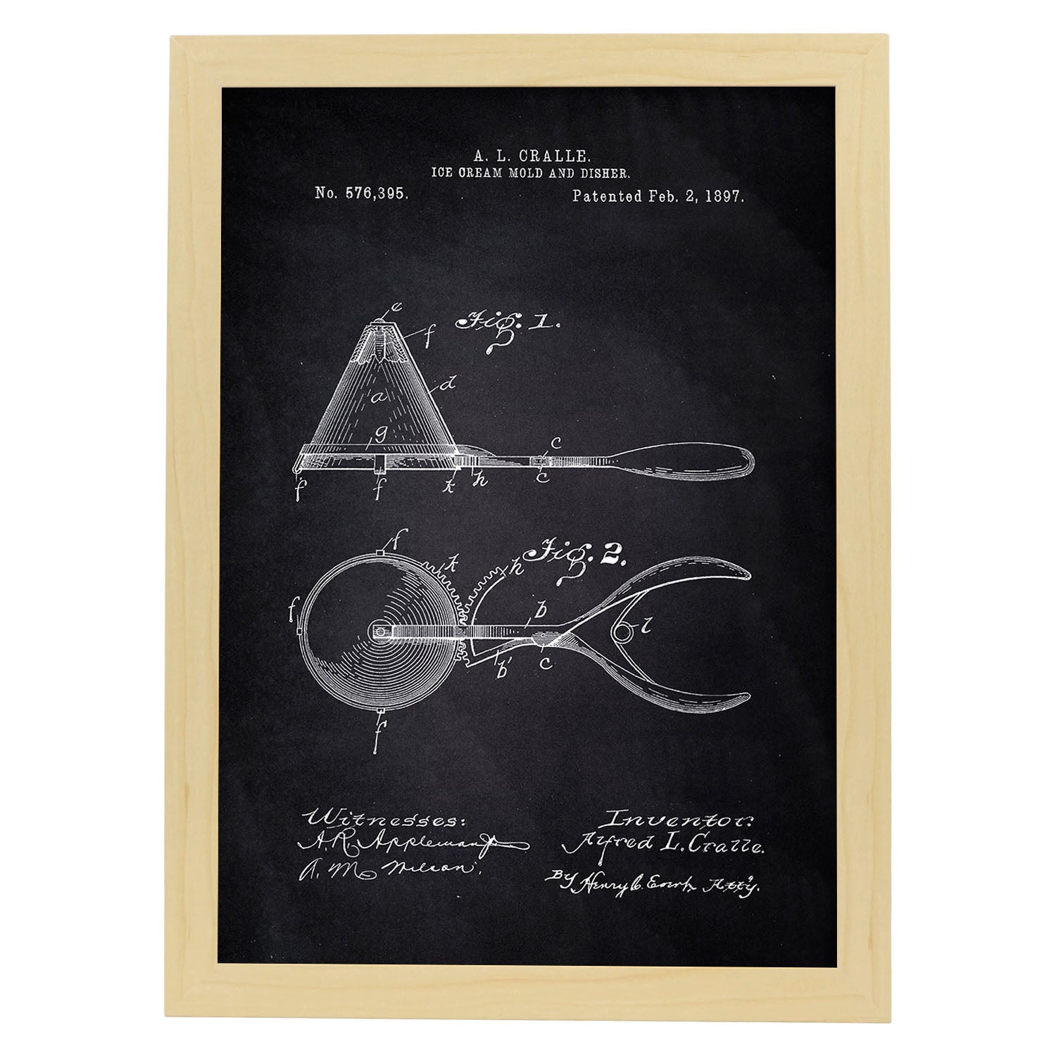 Poster con patente de Cuchara de helado. Lámina con diseño de patente antigua-Artwork-Nacnic-A3-Marco Madera clara-Nacnic Estudio SL