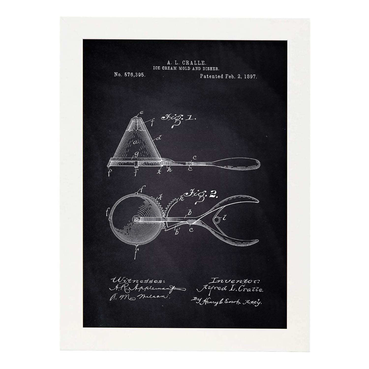 Poster con patente de Cuchara de helado. Lámina con diseño de patente antigua-Artwork-Nacnic-A4-Marco Blanco-Nacnic Estudio SL