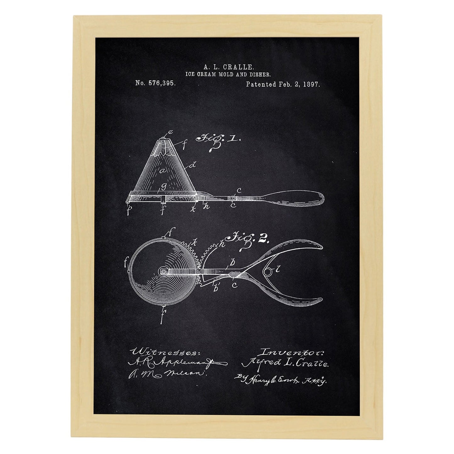 Poster con patente de Cuchara de helado. Lámina con diseño de patente antigua-Artwork-Nacnic-A4-Marco Madera clara-Nacnic Estudio SL