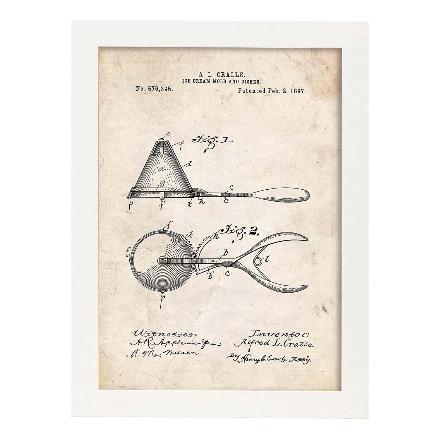 Poster con patente de Cuchara de helado. Lámina con diseño de patente antigua.-Artwork-Nacnic-A3-Marco Blanco-Nacnic Estudio SL