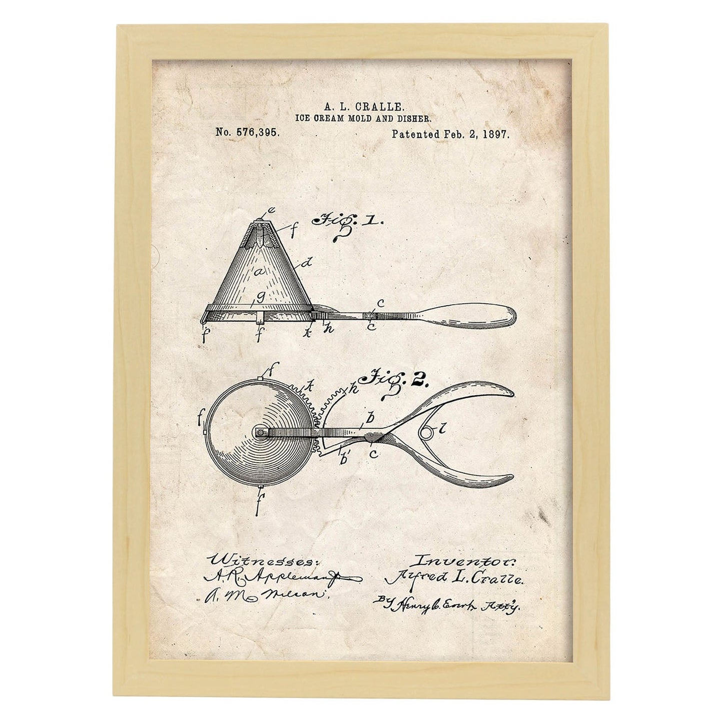 Poster con patente de Cuchara de helado. Lámina con diseño de patente antigua.-Artwork-Nacnic-A3-Marco Madera clara-Nacnic Estudio SL