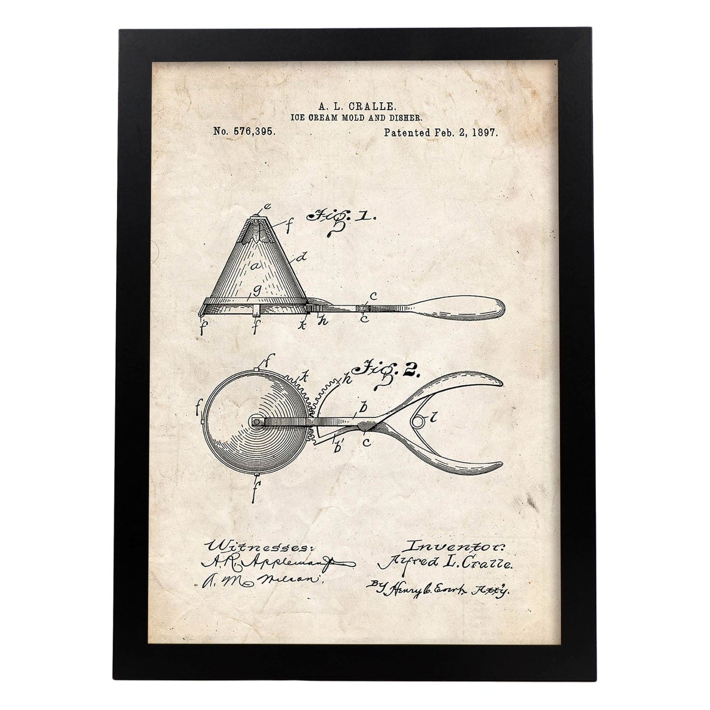 Poster con patente de Cuchara de helado. Lámina con diseño de patente antigua.-Artwork-Nacnic-A4-Marco Negro-Nacnic Estudio SL