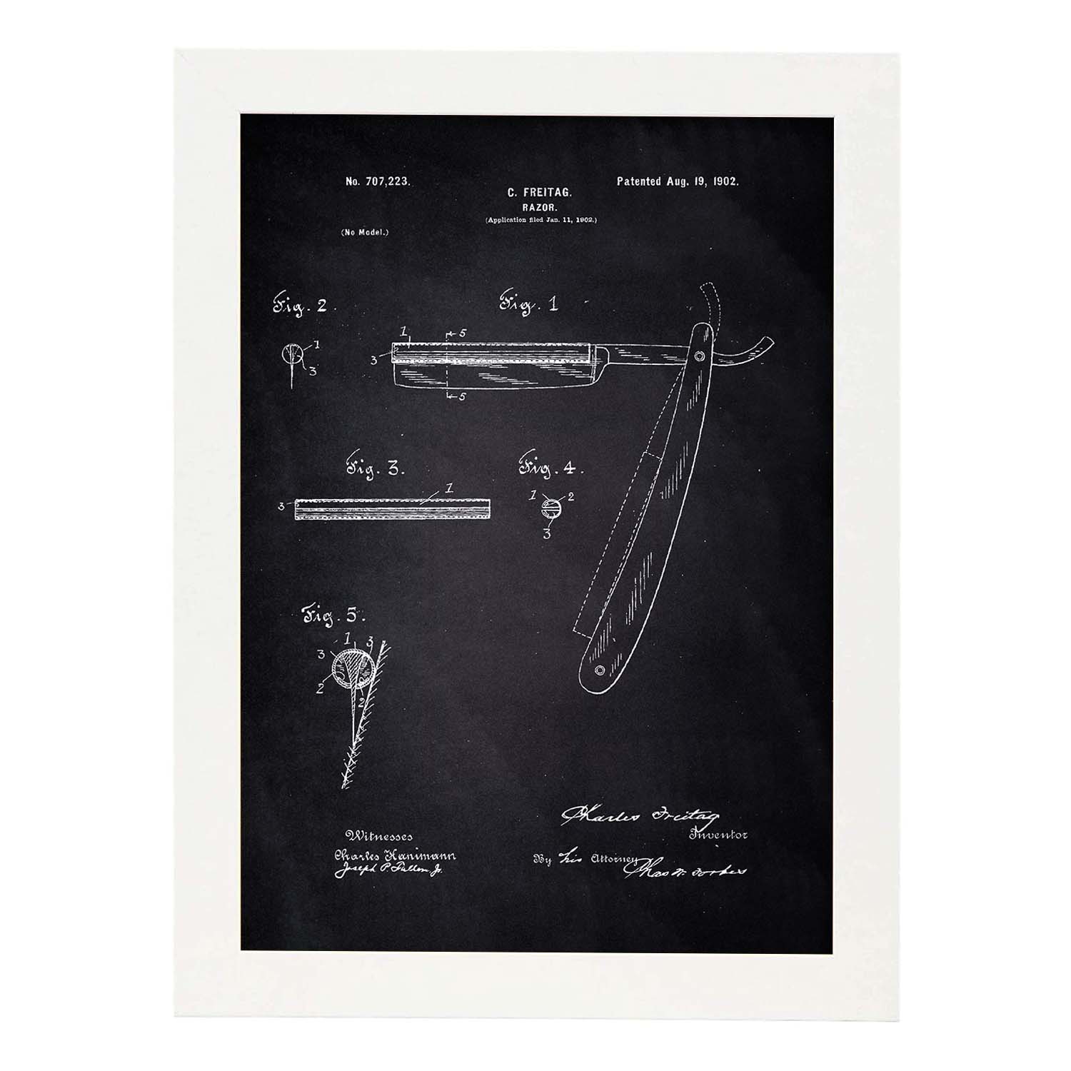 Poster con patente de Cuchilla de afeitar. Lámina con diseño de patente antigua-Artwork-Nacnic-A3-Marco Blanco-Nacnic Estudio SL