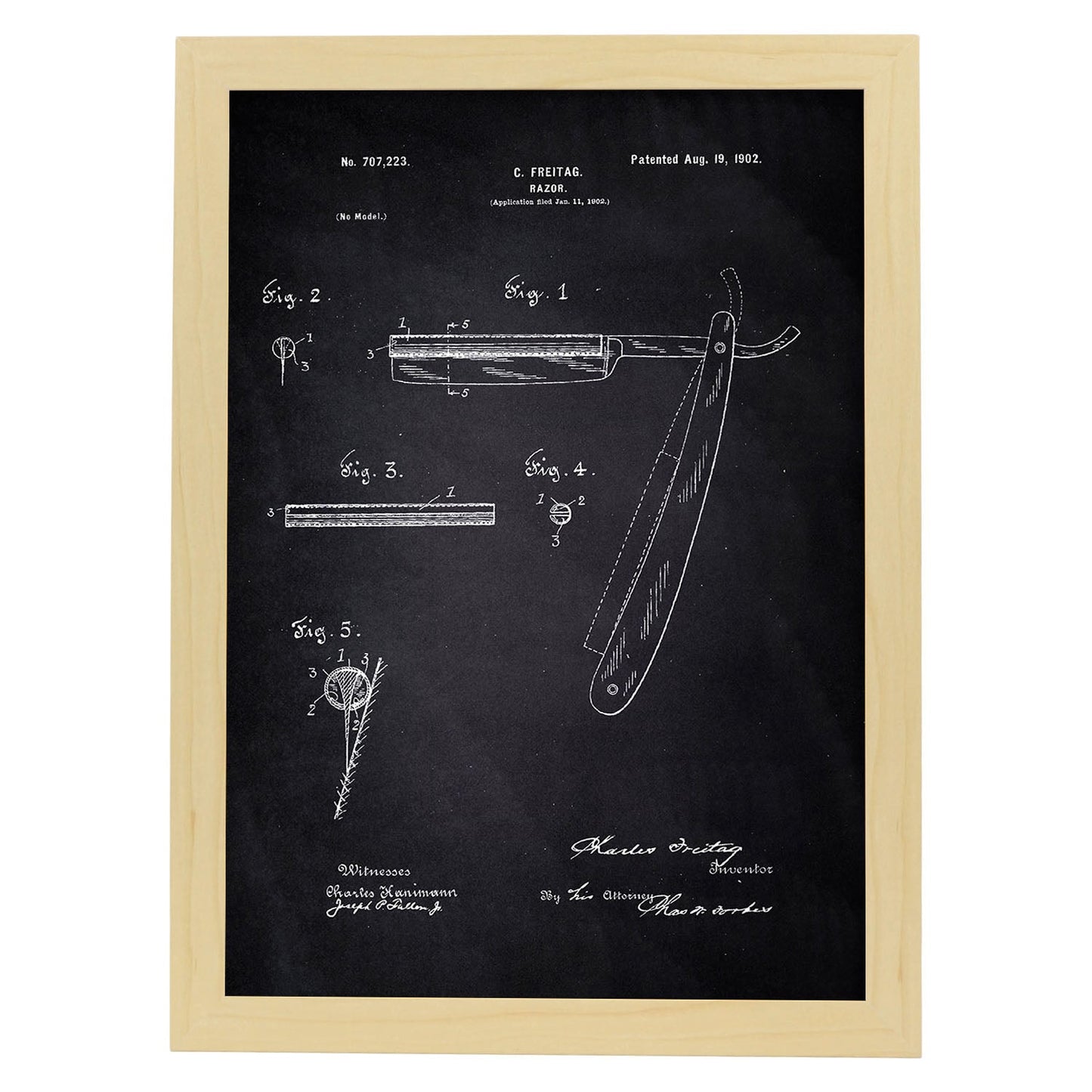 Poster con patente de Cuchilla de afeitar. Lámina con diseño de patente antigua-Artwork-Nacnic-A3-Marco Madera clara-Nacnic Estudio SL