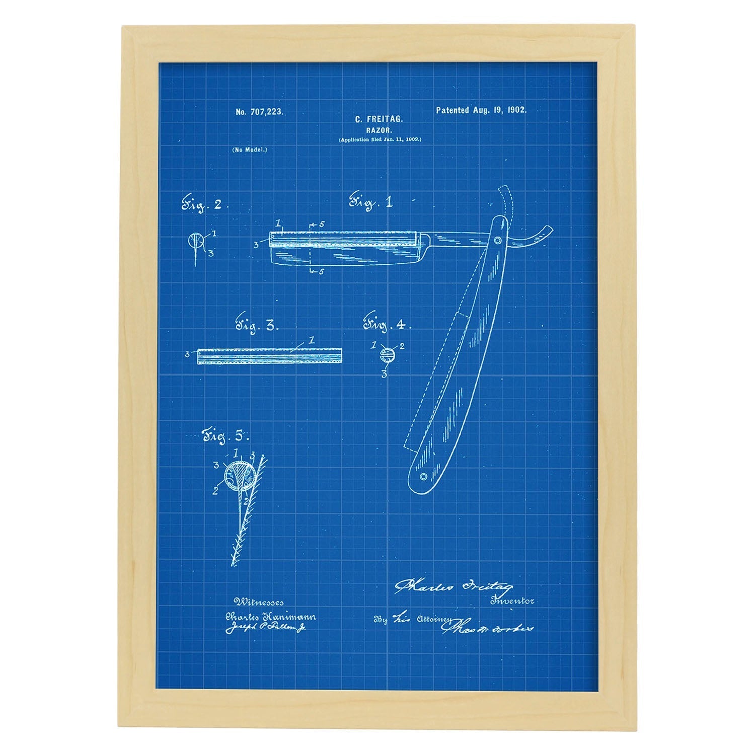 Poster con patente de Cuchilla de afeitar. Lámina con diseño de patente antigua-Artwork-Nacnic-A3-Marco Madera clara-Nacnic Estudio SL