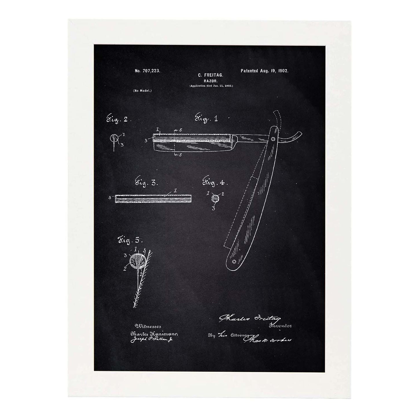 Poster con patente de Cuchilla de afeitar. Lámina con diseño de patente antigua-Artwork-Nacnic-A4-Marco Blanco-Nacnic Estudio SL