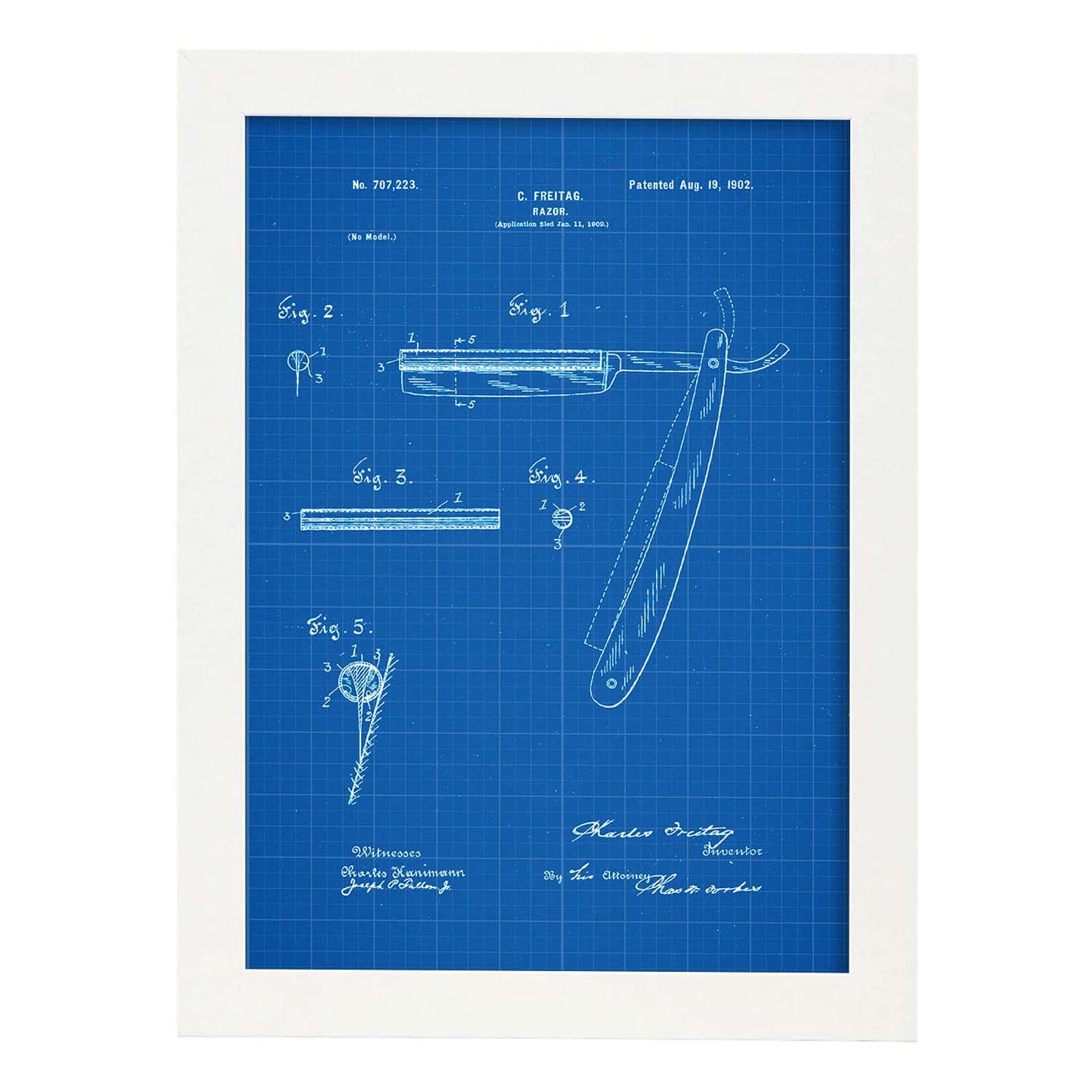 Poster con patente de Cuchilla de afeitar. Lámina con diseño de patente antigua-Artwork-Nacnic-A4-Marco Blanco-Nacnic Estudio SL