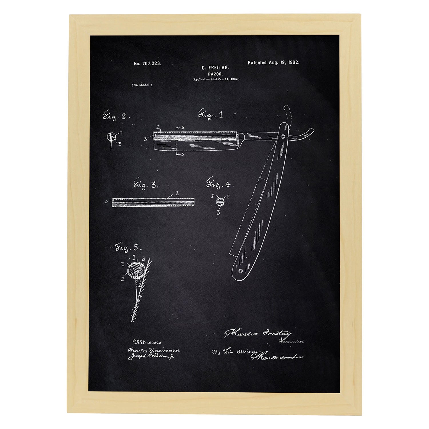 Poster con patente de Cuchilla de afeitar. Lámina con diseño de patente antigua-Artwork-Nacnic-A4-Marco Madera clara-Nacnic Estudio SL