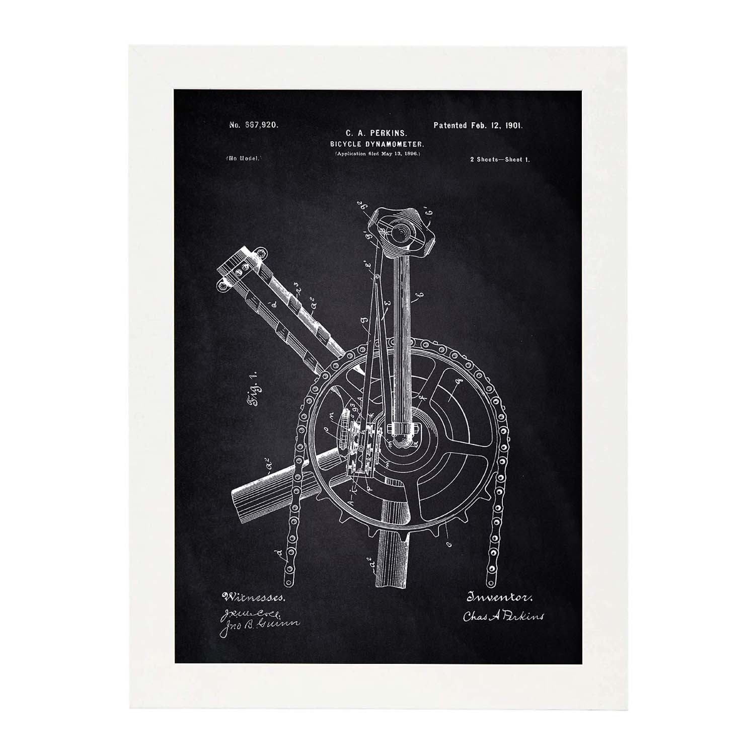Poster con patente de Dinamo para bicicleta. Lámina con diseño de patente antigua-Artwork-Nacnic-A3-Marco Blanco-Nacnic Estudio SL