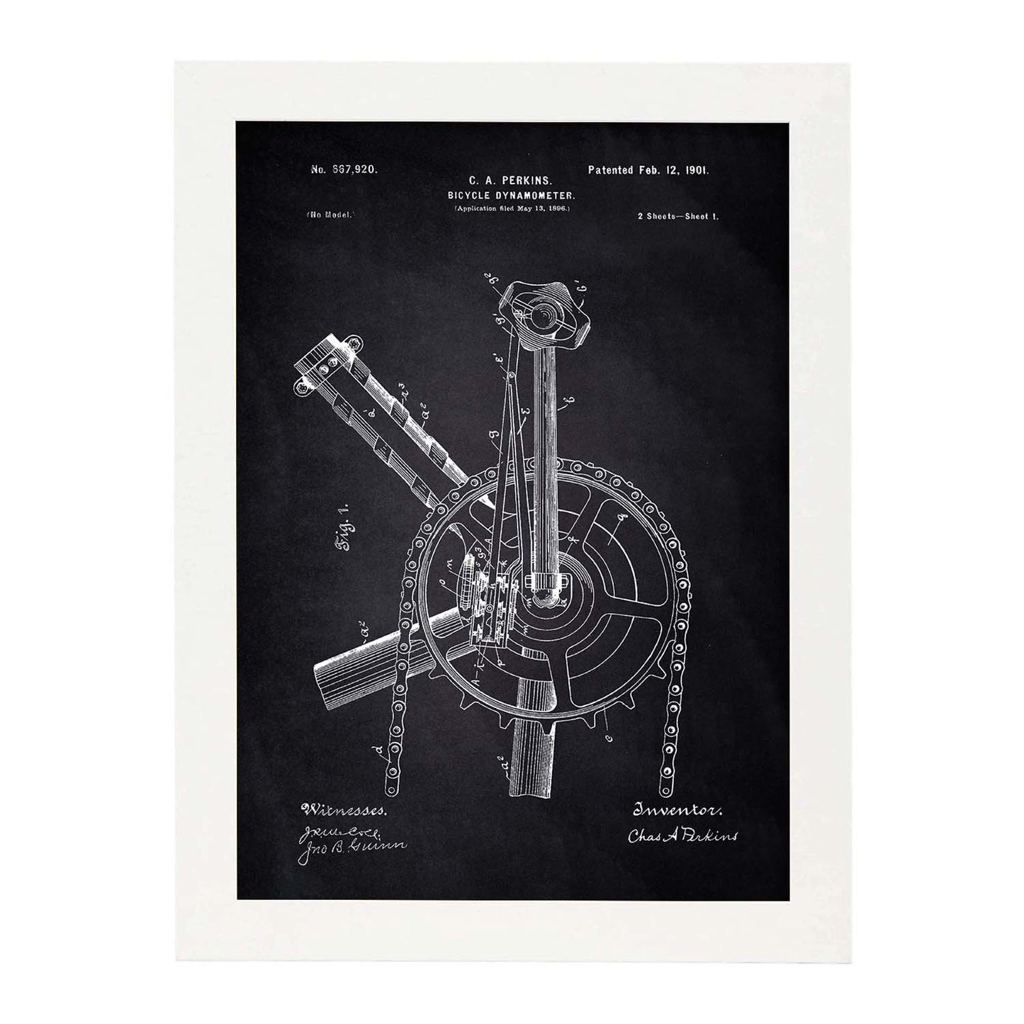 Poster con patente de Dinamo para bicicleta. Lámina con diseño de patente antigua-Artwork-Nacnic-A4-Marco Blanco-Nacnic Estudio SL