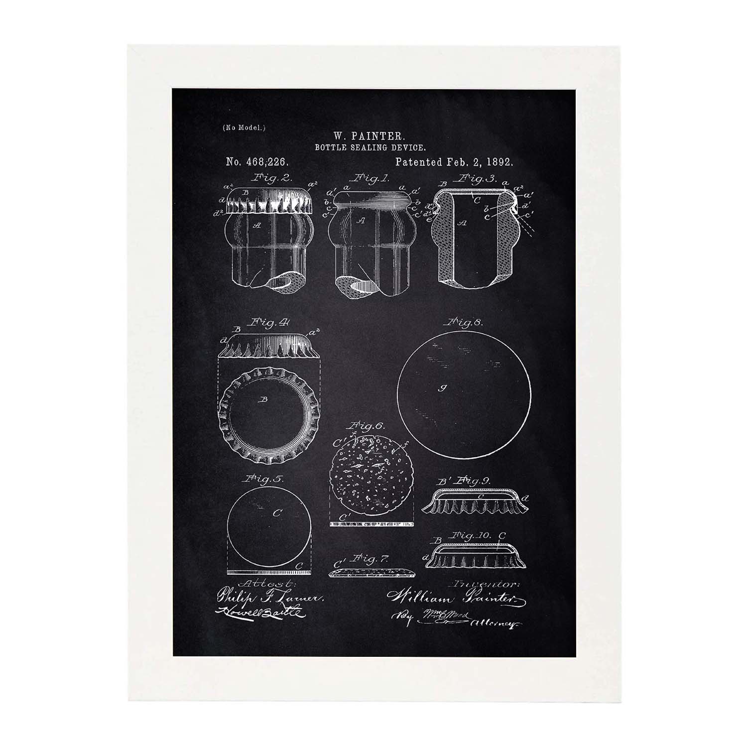 Poster con patente de Dispositivo de sellado de botellas. Lámina con diseño de patente antigua-Artwork-Nacnic-A3-Marco Blanco-Nacnic Estudio SL