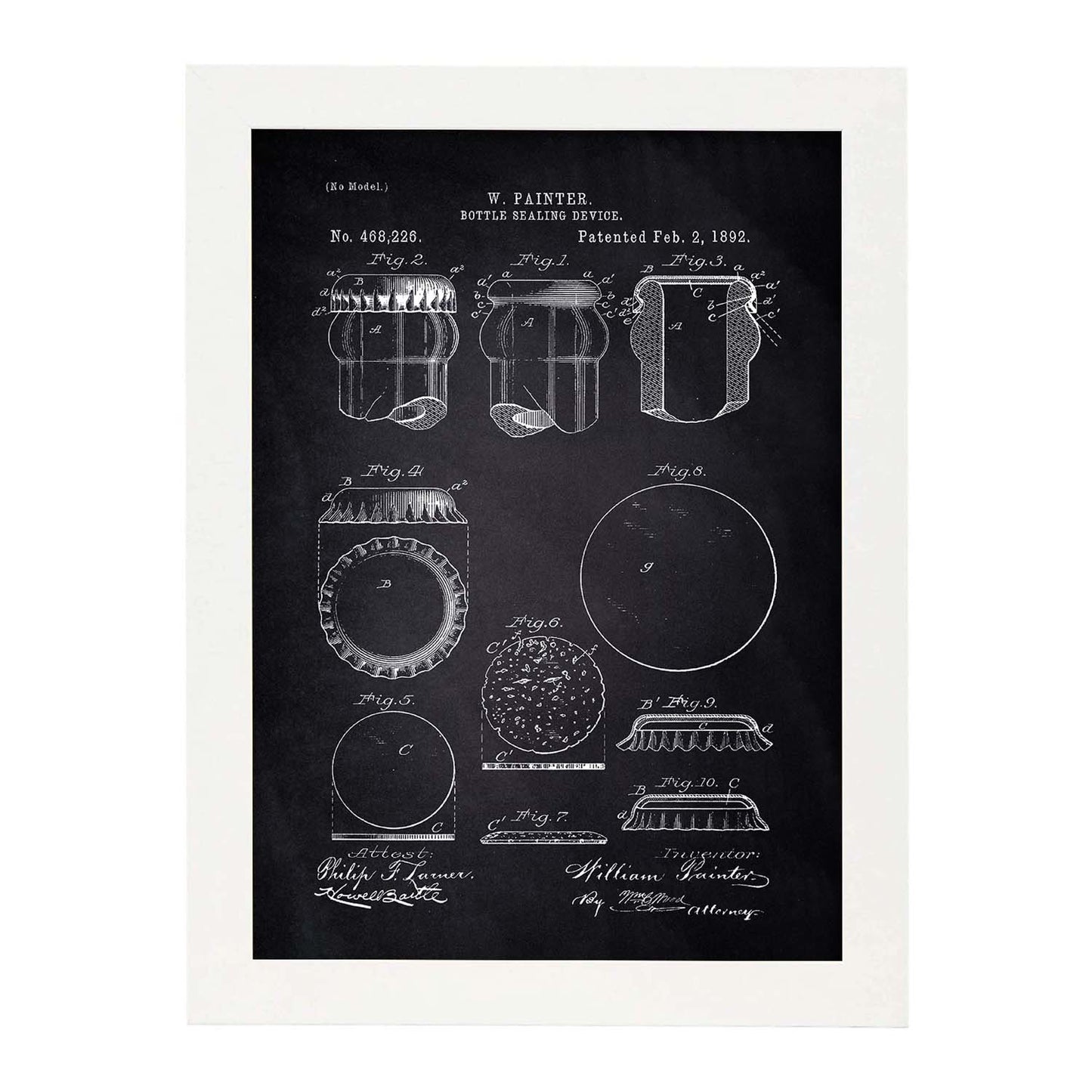 Poster con patente de Dispositivo de sellado de botellas. Lámina con diseño de patente antigua-Artwork-Nacnic-A4-Marco Blanco-Nacnic Estudio SL