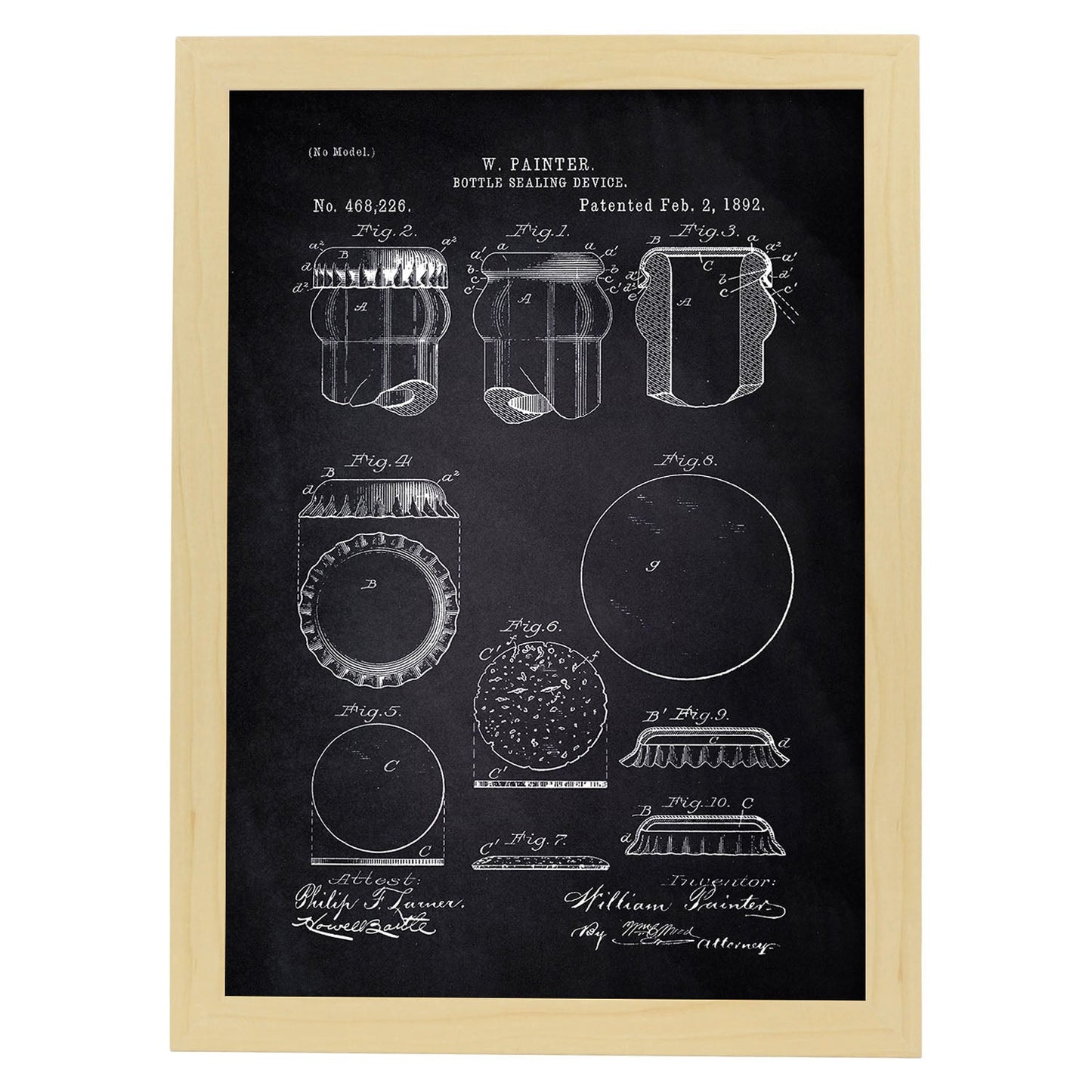 Poster con patente de Dispositivo de sellado de botellas. Lámina con diseño de patente antigua-Artwork-Nacnic-A4-Marco Madera clara-Nacnic Estudio SL